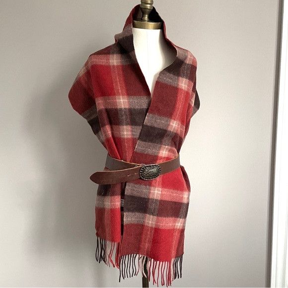 Other Red Brown Plaid Wool Fringed Scarf - 100% Wool, Unisex🧣 Size ONE SIZE - 5 Thumbnail
