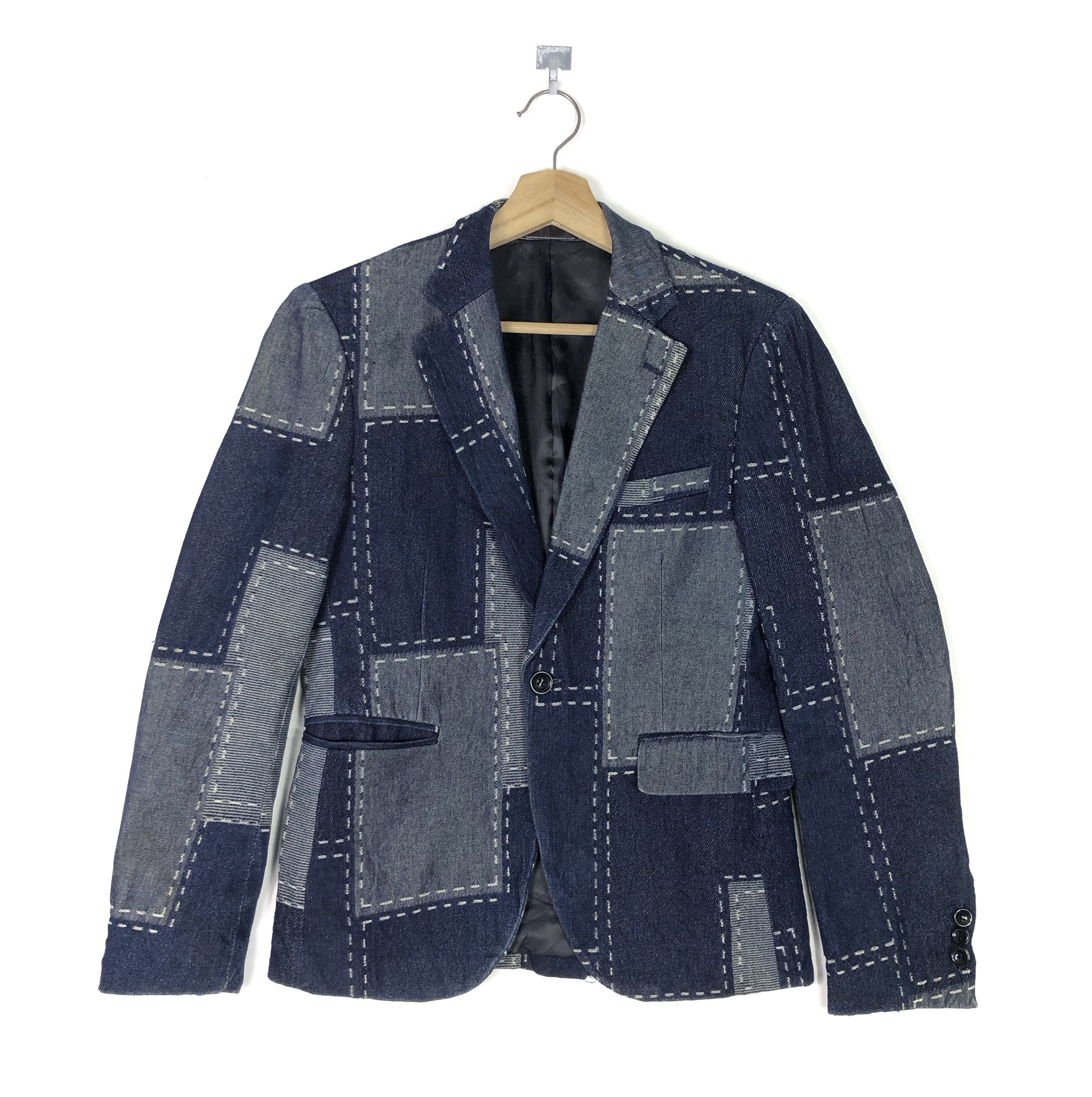 Designer × Indigo × Japanese Brand 5-POCKETS UNISEX COTTON DENIM PATCHWORK PRINT BLAZER COAT Size US XS / EU 42 / 0 - 1 Thumbnail