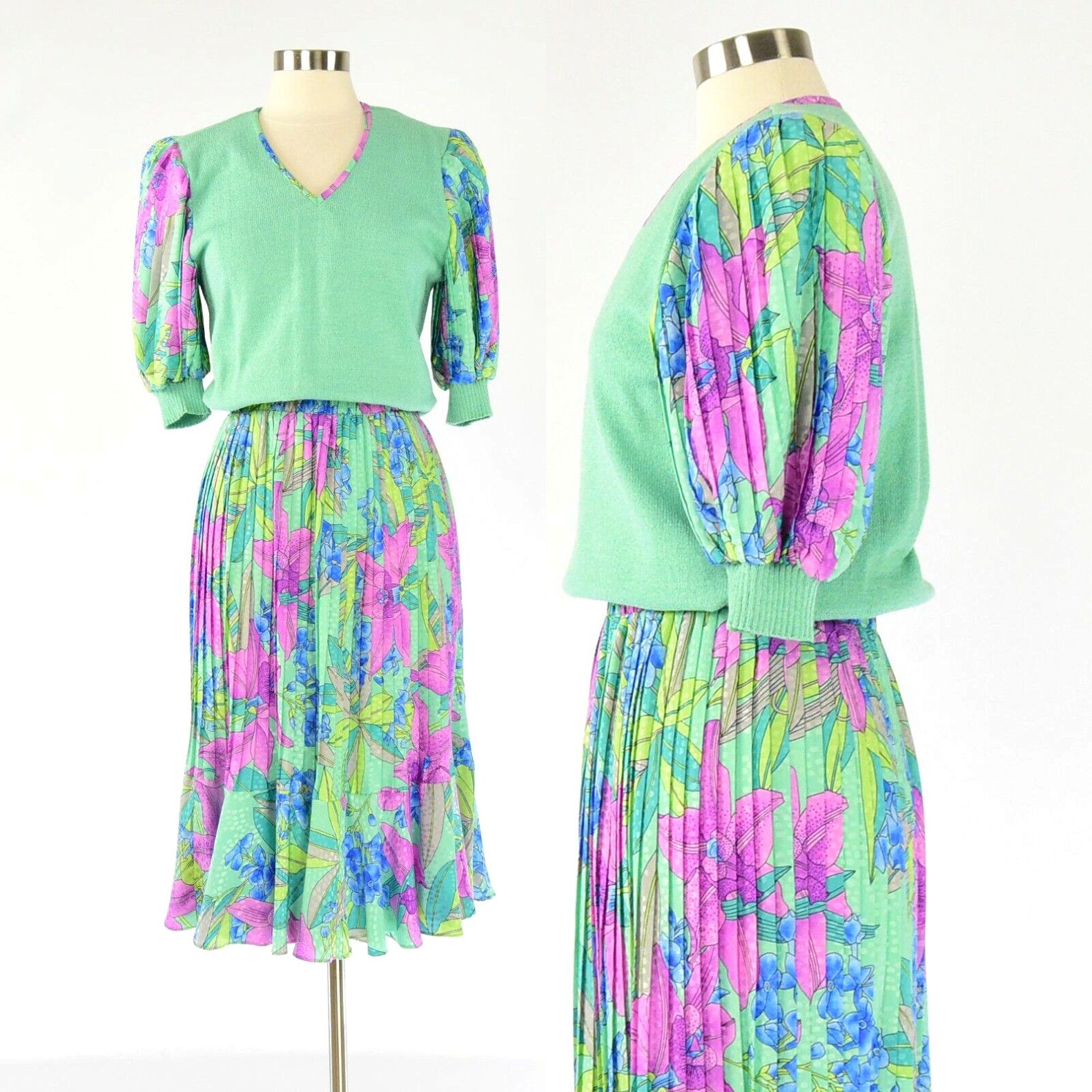 image of 80's Vintage Pleated Skirt & Puff Sleeve Knit Top Outfit Skirt Set Anthony Sicari in White, Women's