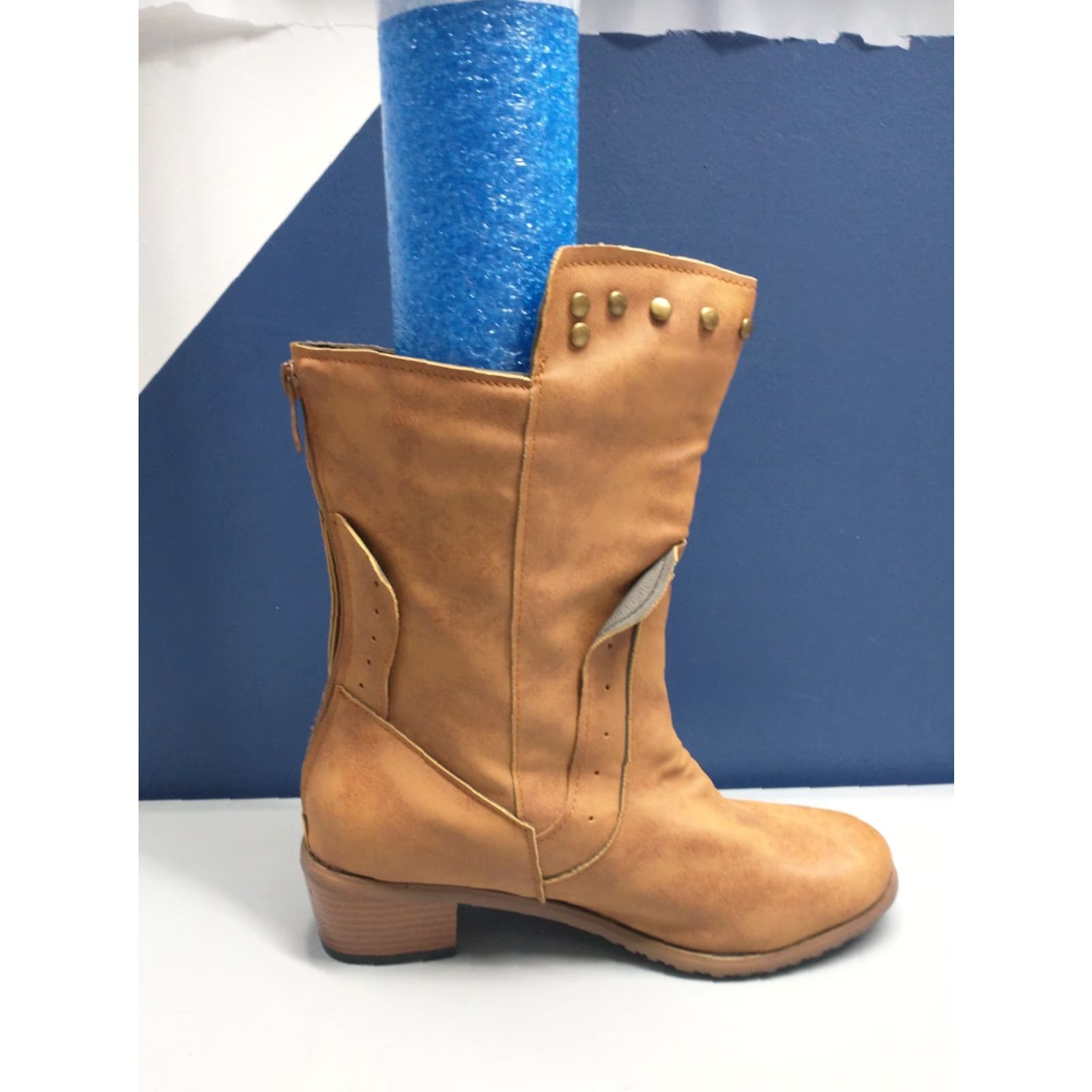 Vintage Womens Size 9 Tan Studded Block Heel Round Toe Back Zip Pull On Boots Size US 9 / IT 39 - 3 Thumbnail