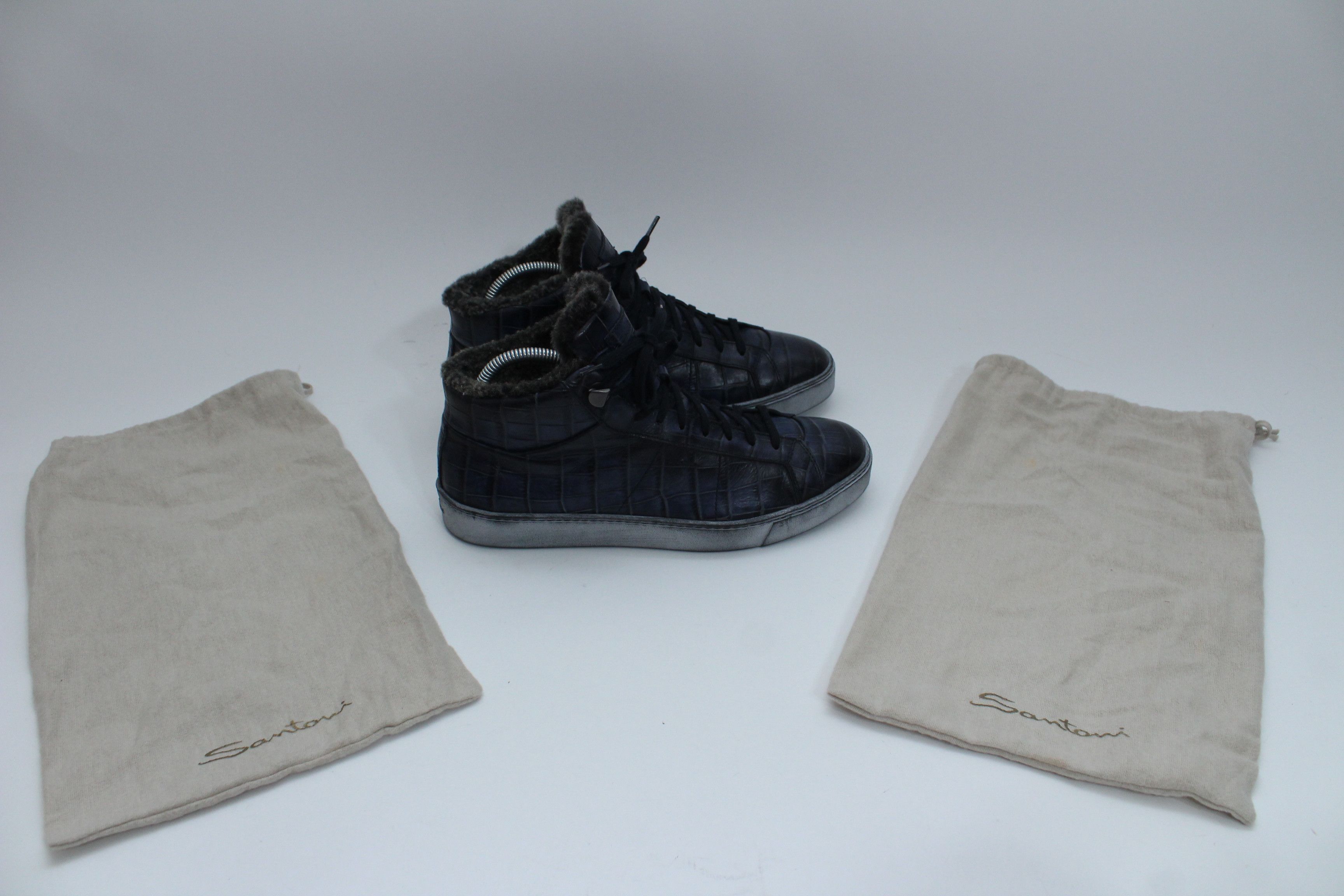 Santoni Santoni Navy Crocodile Embossed Leather Fur Lined Sneakers Size US 8 / EU 41 - 2 Thumbnail