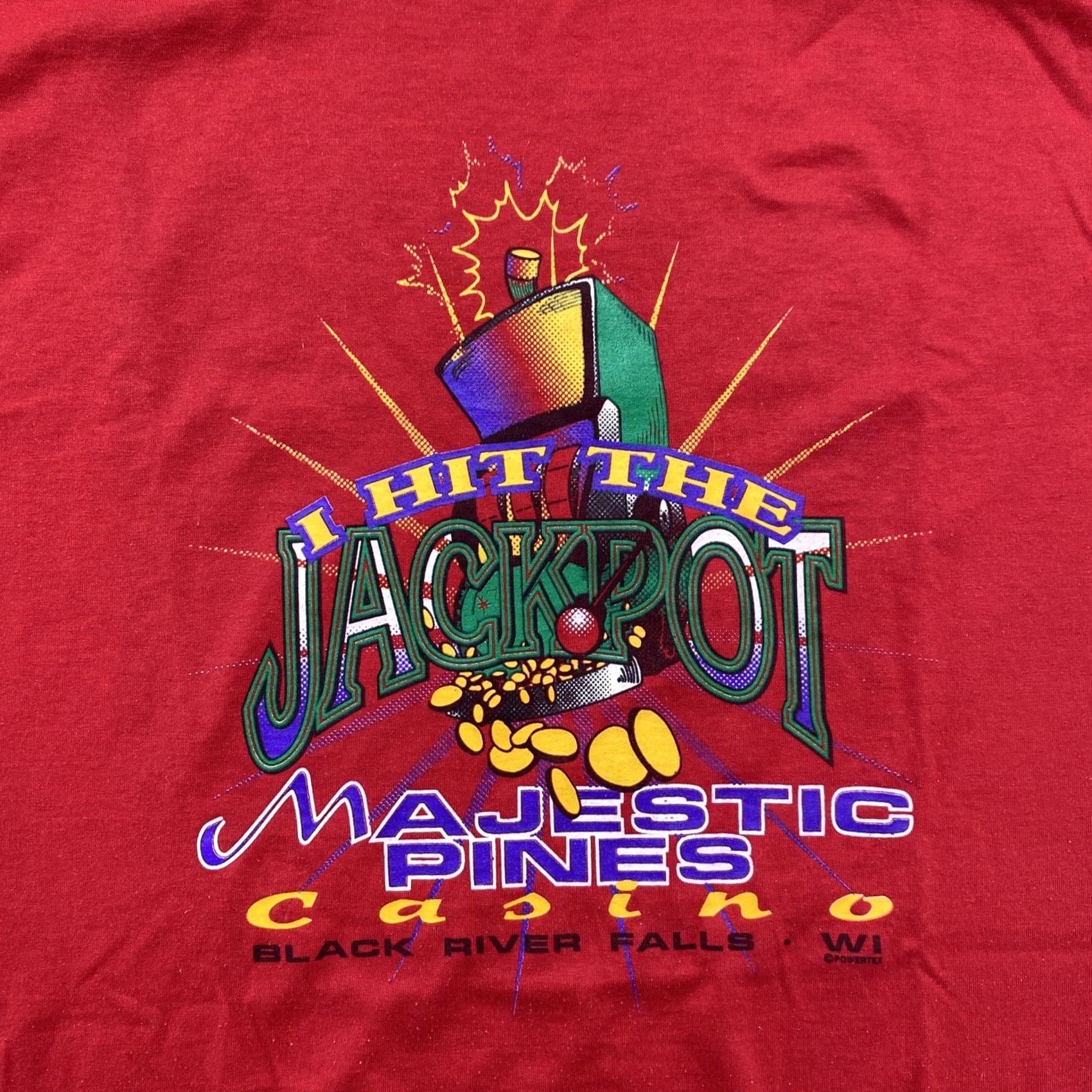 Jerzees VINTAGE Casino Jackpot Majestic Pines Wisconsin T-Shirt Mens L Red Graphic Tee 90s Halloween Mens Size US L / EU 52-54 / 3 - 2 Thumbnail