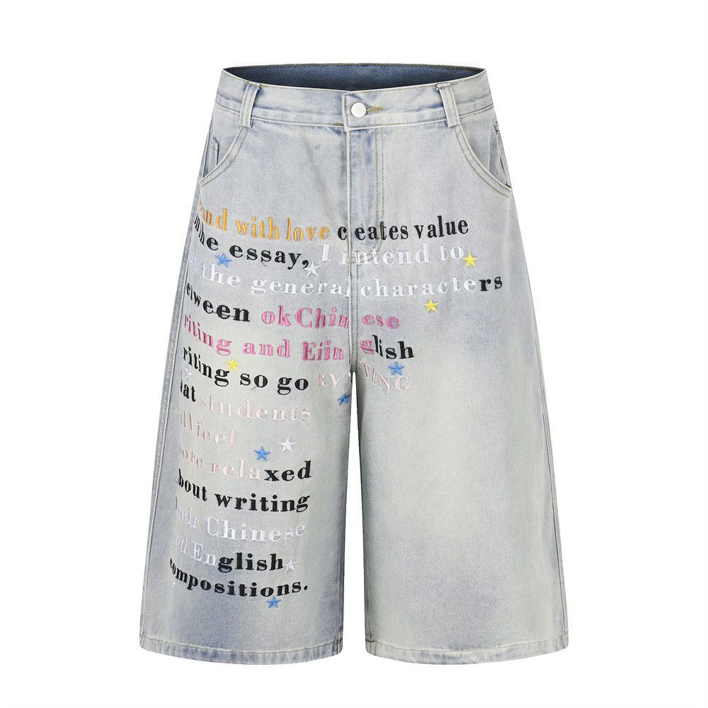 Vintage American Distressed Denim Shorts with Letter Embroidery Size US 32 / EU 48 - 1 Thumbnail