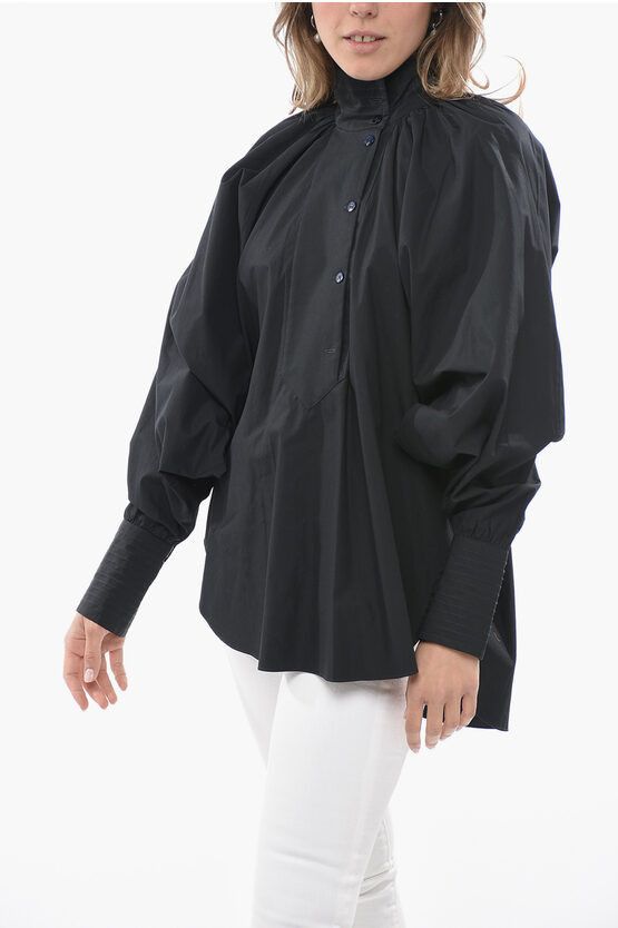 image of Patou Cotton Popeline Painter Maxi Blouse With Bat-Wing Sleeves in Black, Women's (Size XS)