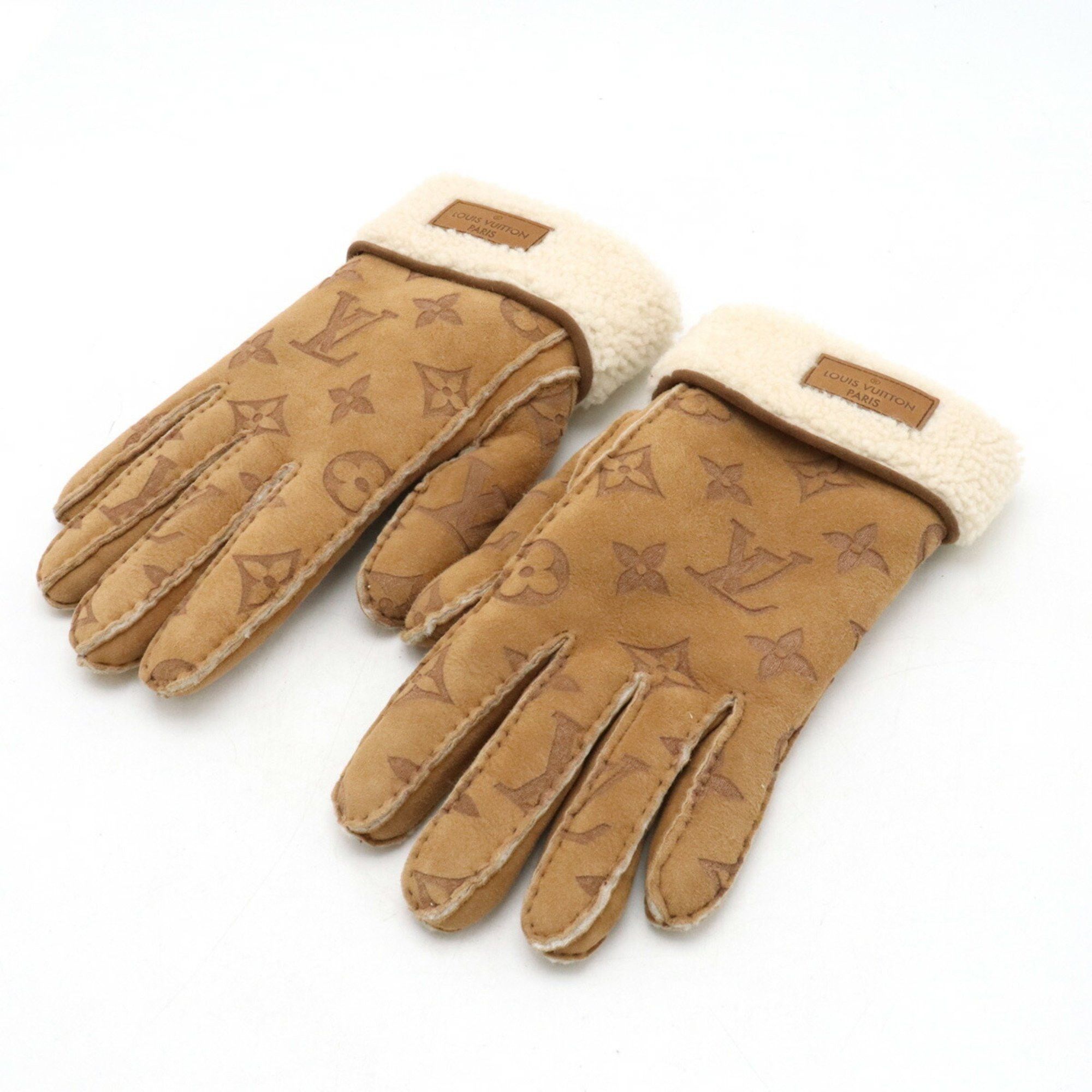 image of Louis Vuitton Gon Monogram Shearling Mouton Gloves Boa Suede Beige Brown 9 Size M76578, Women's