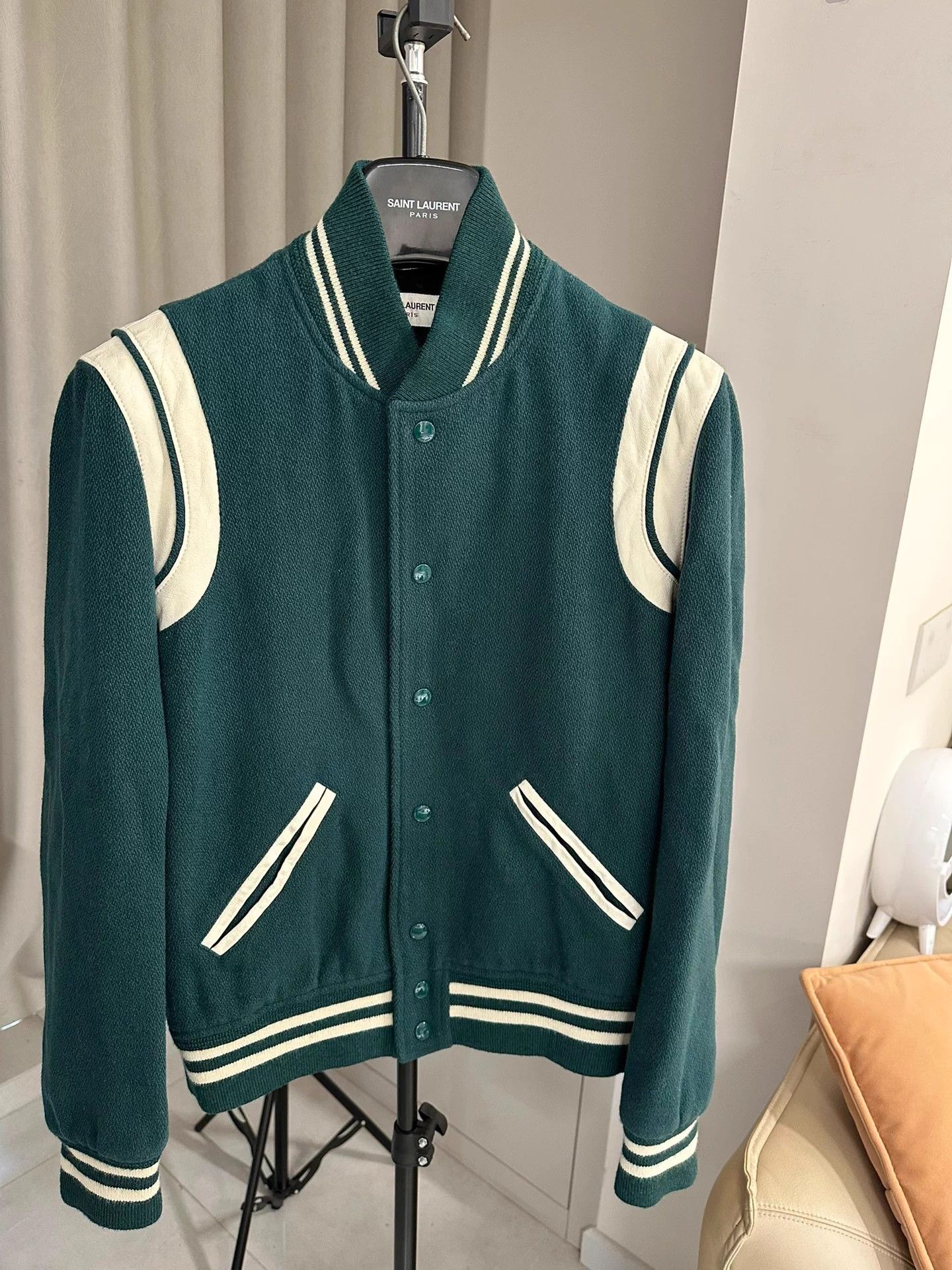Saint Laurent SLP Green Wool and Leather Baseball Jacket