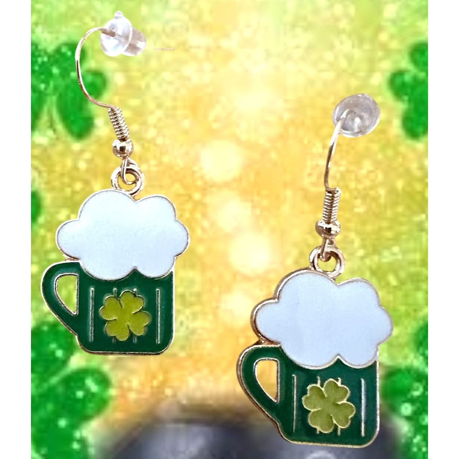 Handmade St Patricks Day Earrings Beer Four Leaf Clover Dangle Hooks Size ONE SIZE - 3 Thumbnail