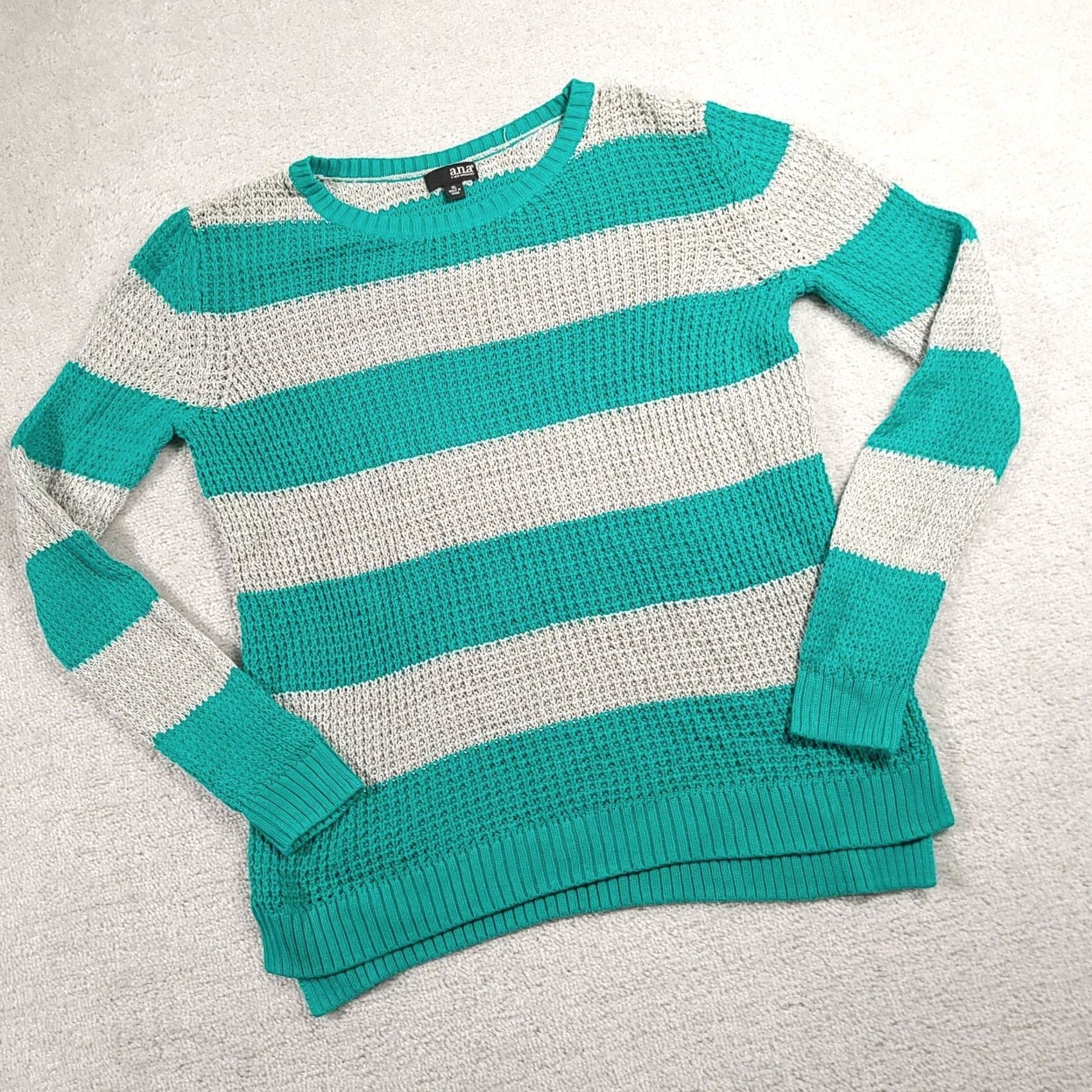 Vintage a.n.a Sweater Women's XL Green Gray Striped Long Sleeve Round Neck Open Knit Size XL / US 12-14 / IT 48-50 - 2 Thumbnail