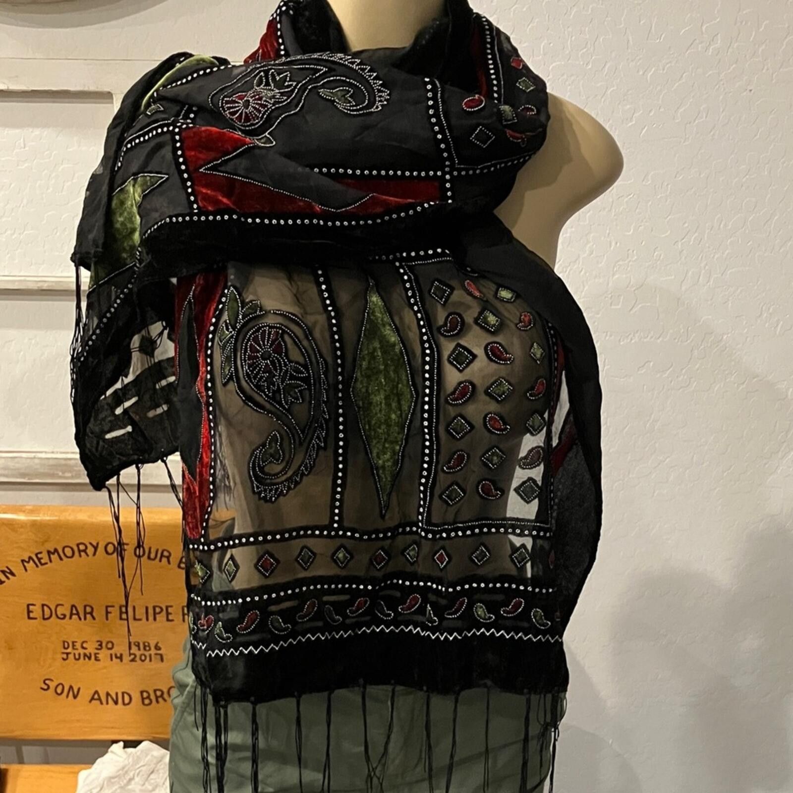 Other Elegant Black and Red Embroidered Scarf Size ONE SIZE - 1 Thumbnail