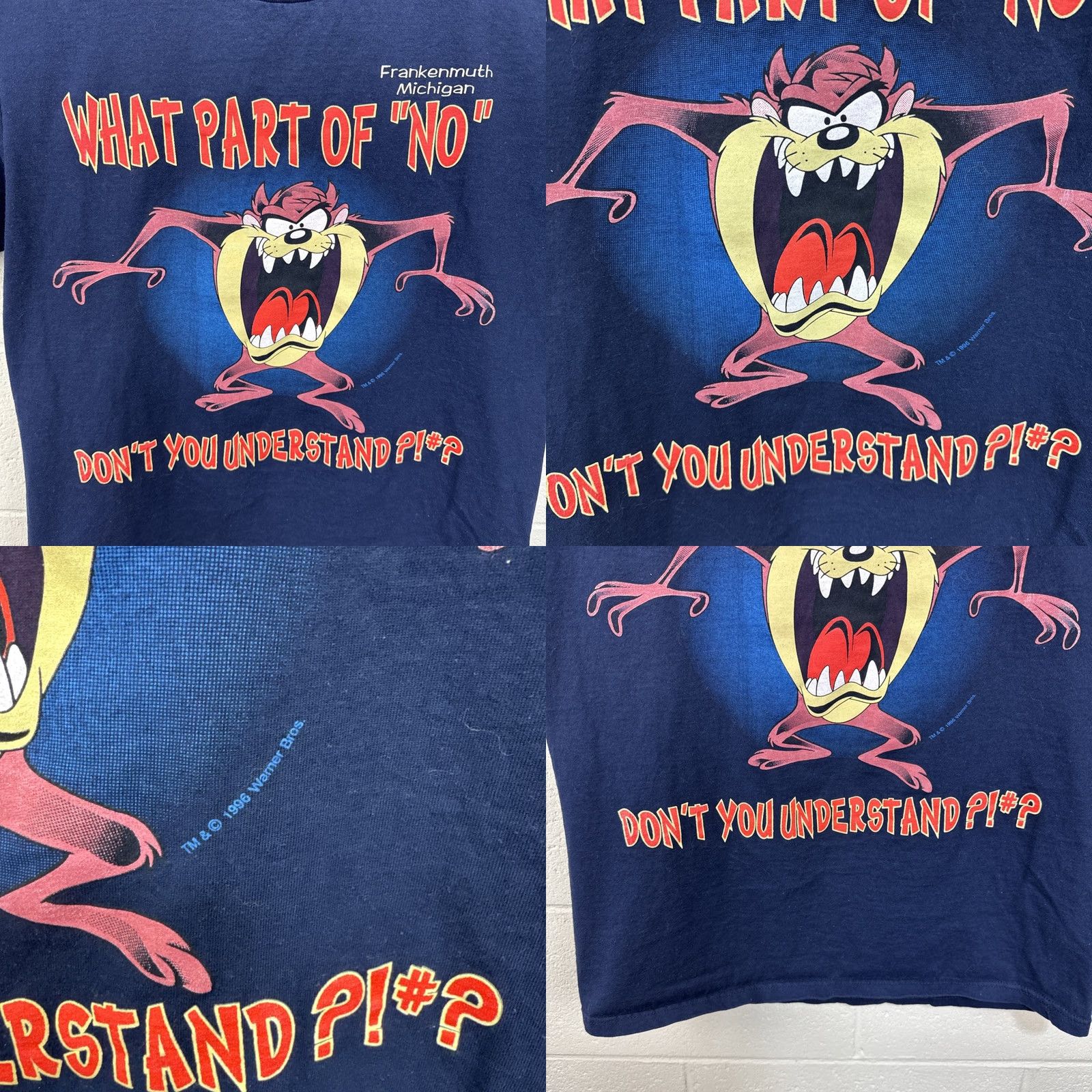 Vintage VINTAGE 1996 Taz T Shirt What Part of No Dont You Understand Large Print T-Shirt Men L Blue Cotton Graphic Print 90s Cartoon USA Hoodie? Size US L / EU 52-54 / 3 - 8 Thumbnail