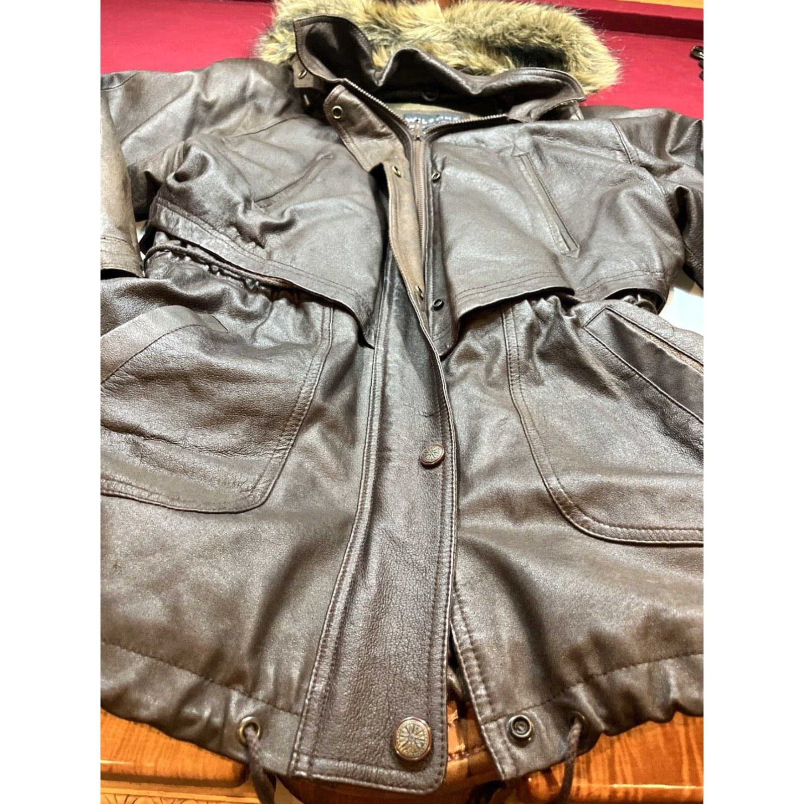 Vintage VINTAGE Wilson’s Leather Brown Leather Jacket Zip Snap Lined Fur Hooded Cinch Ties M Size M / US 6-8 / IT 42-44 - 4 Thumbnail
