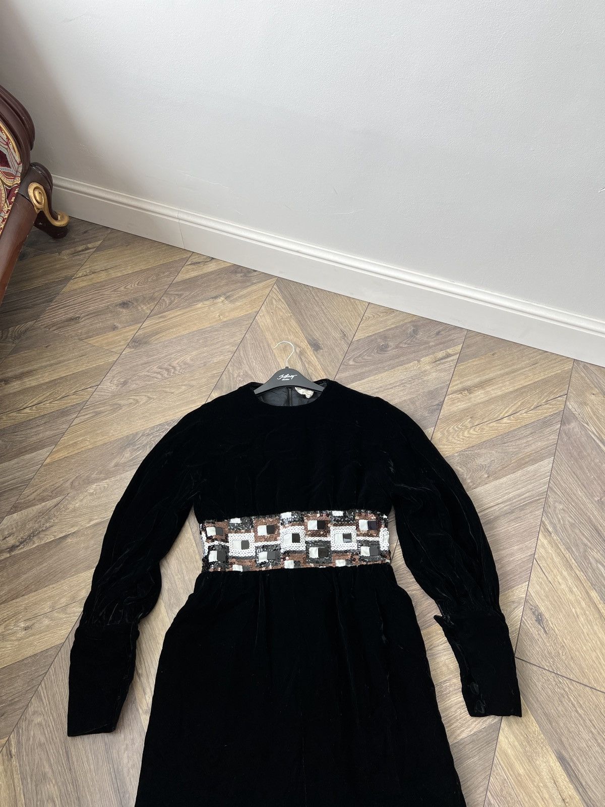 Designer Grieder Vintage Black Velvet Dress Long Sleeve Beaded Waist Size XS / US 0-2 / IT 36-38 - 5 Thumbnail