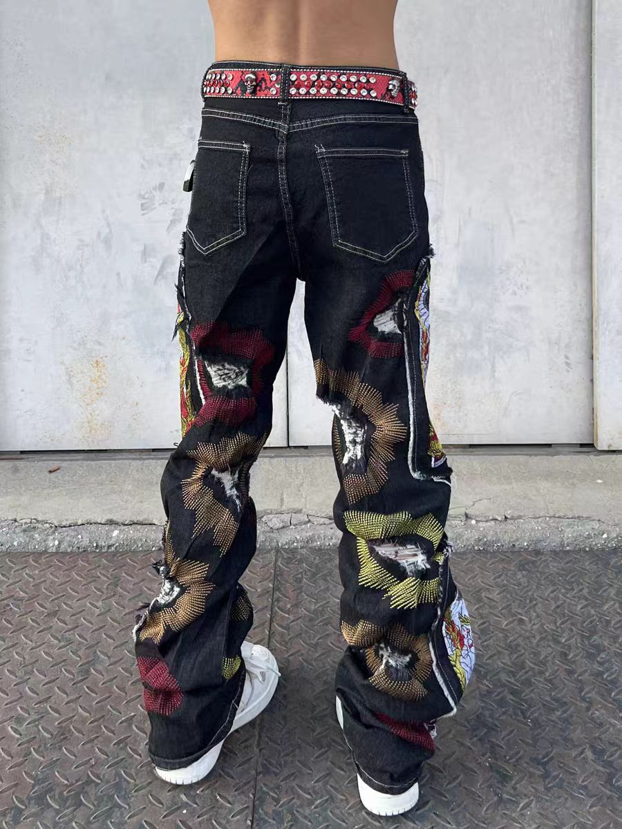 Japanese Brand × Jean Retro heavy craft embroidered baggy jeans Size US 34 / EU 50 - 2 Thumbnail