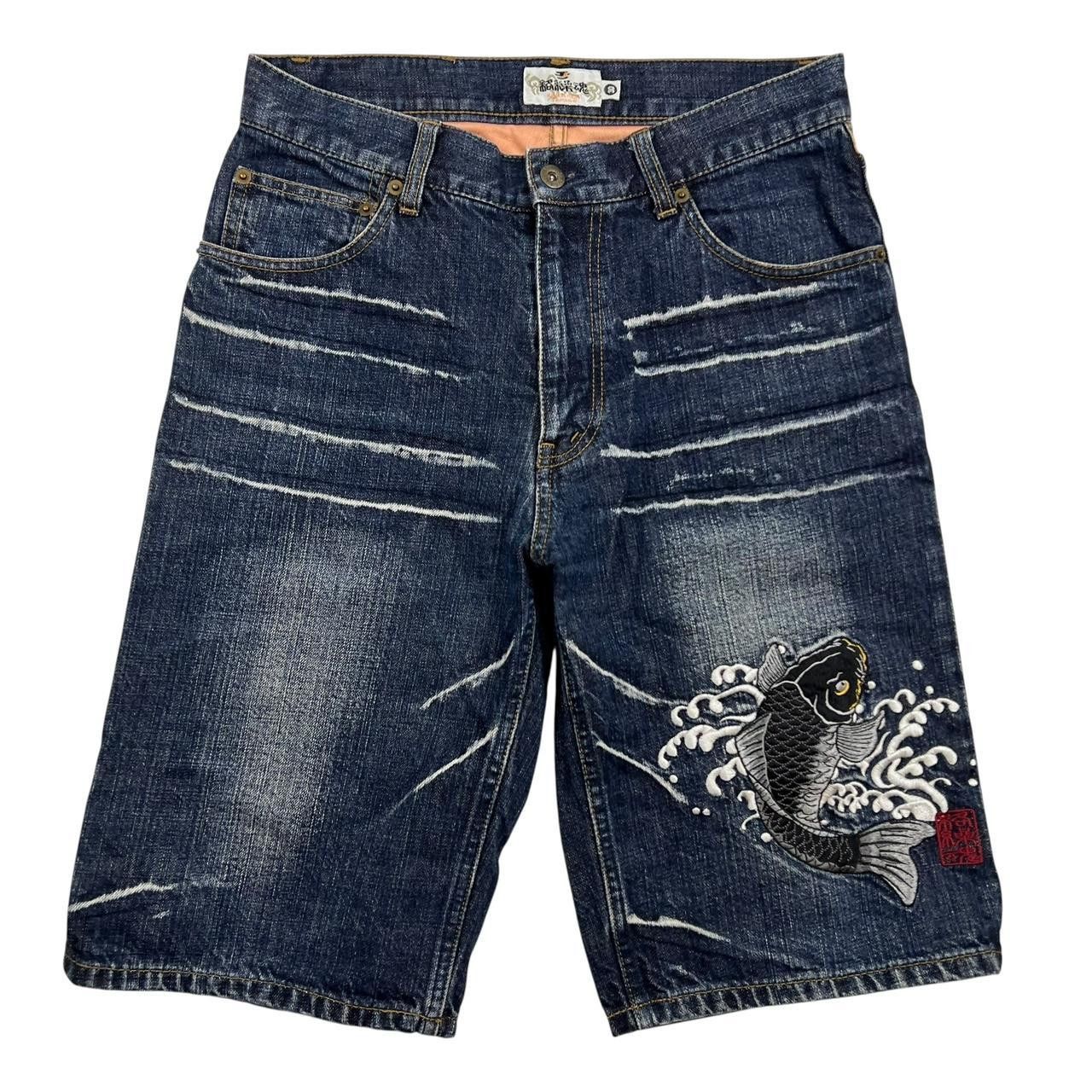 Karakuri Tamashii Karakuri Tamashii Embroidered Koi Denim Shorts - Waist 30 Size US 30 / EU 46 - 2 Thumbnail