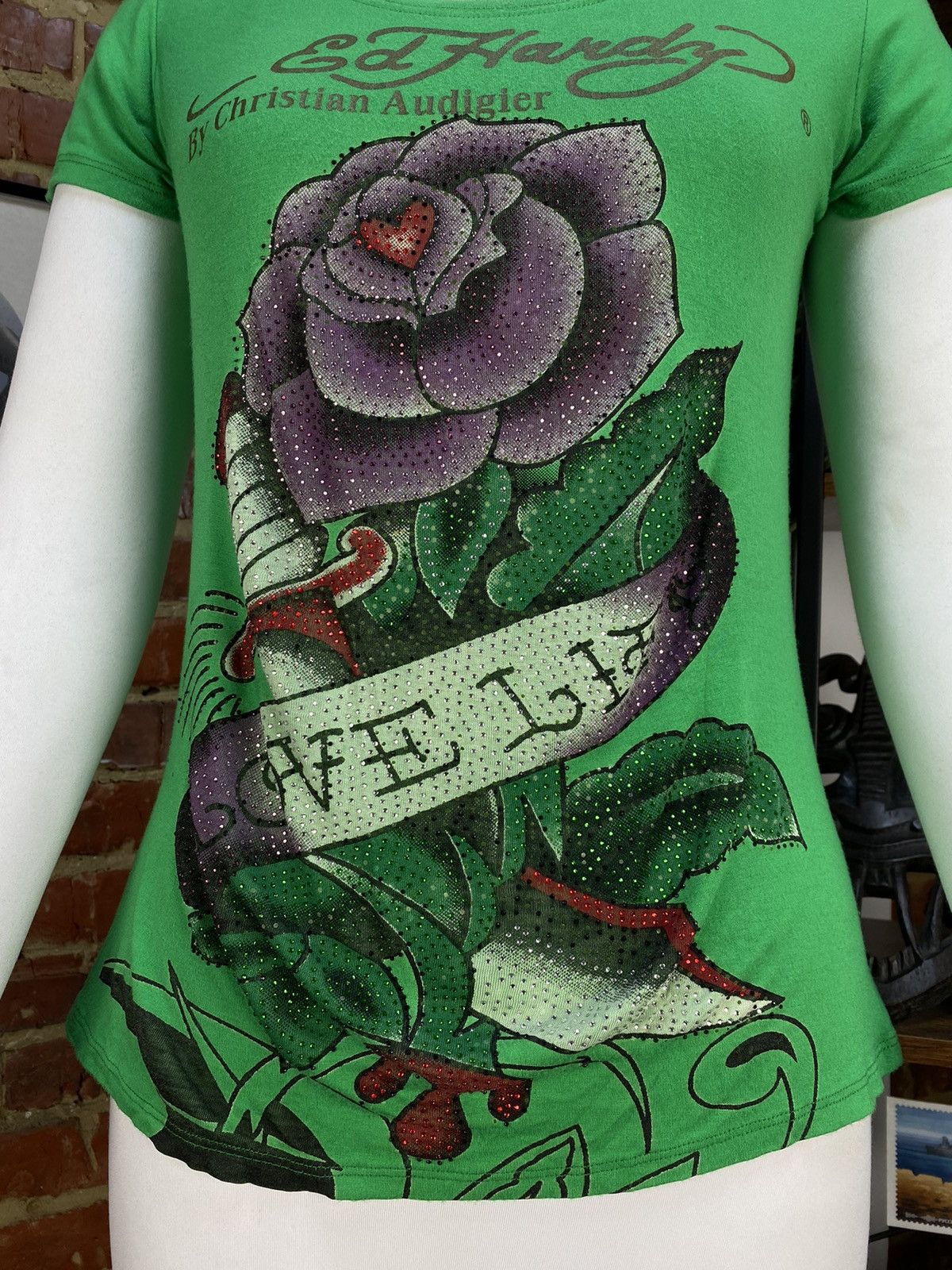 Christian Audigier × Ed Hardy Ed Hardy By Christian Audigier Womens Green T-Shirt Size S / US 4 / IT 40 - 2 Thumbnail