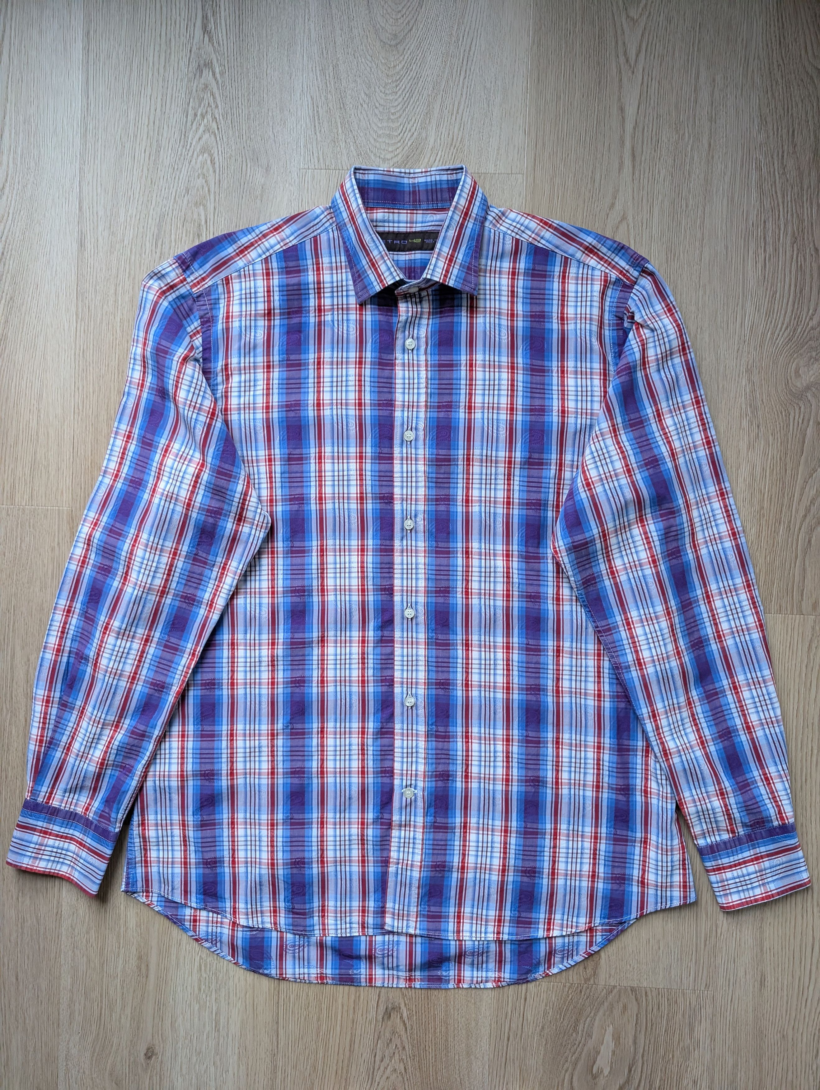 Etro Etro Shirt 42 Paisley Blue Red Check Cotton Long Sleeve Size US XL / EU 56 / 4 - 1 Thumbnail