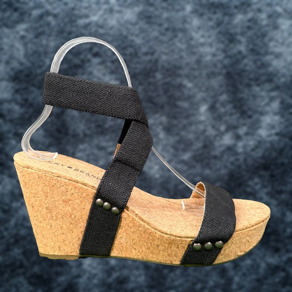 Lucky Brand Lucky Brand Sandal Women Wedge Ankle Strap Black Cork Platforms 8.5M Summer Strappy Size US 9 / IT 39 - 1 Thumbnail