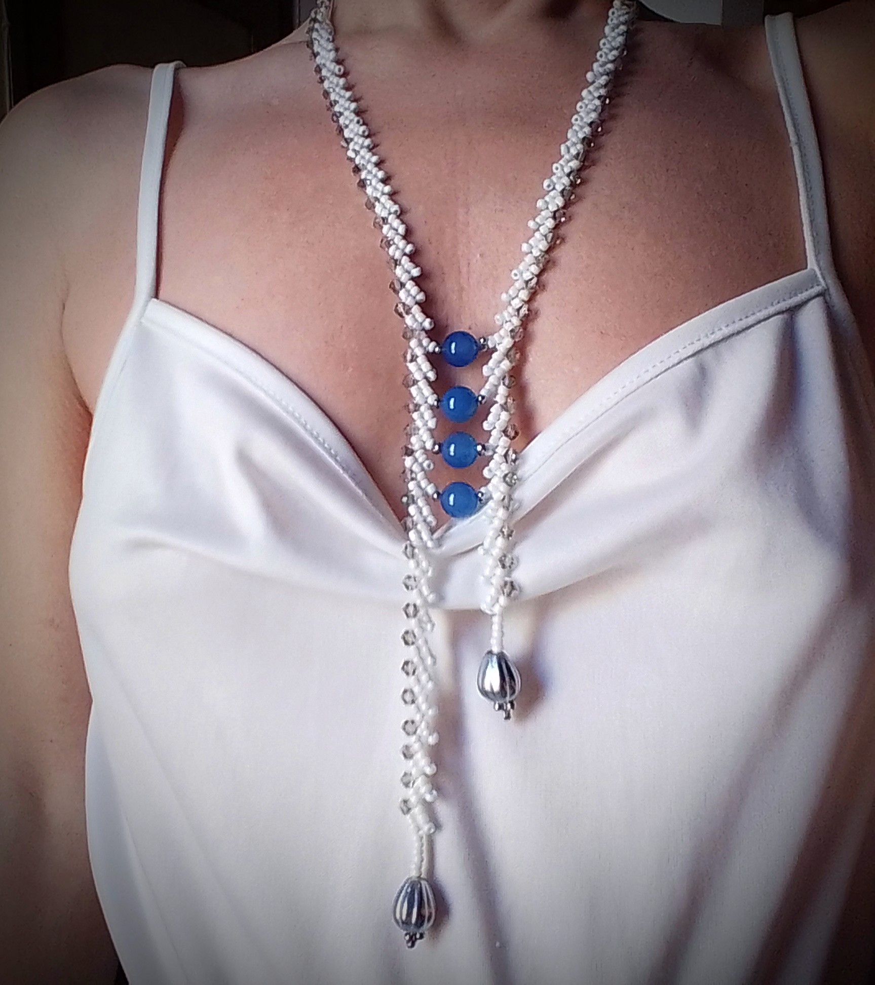 Handmade Long White Necklace. Braided. Glamour Agate Gemstones Size ONE SIZE - 3 Thumbnail