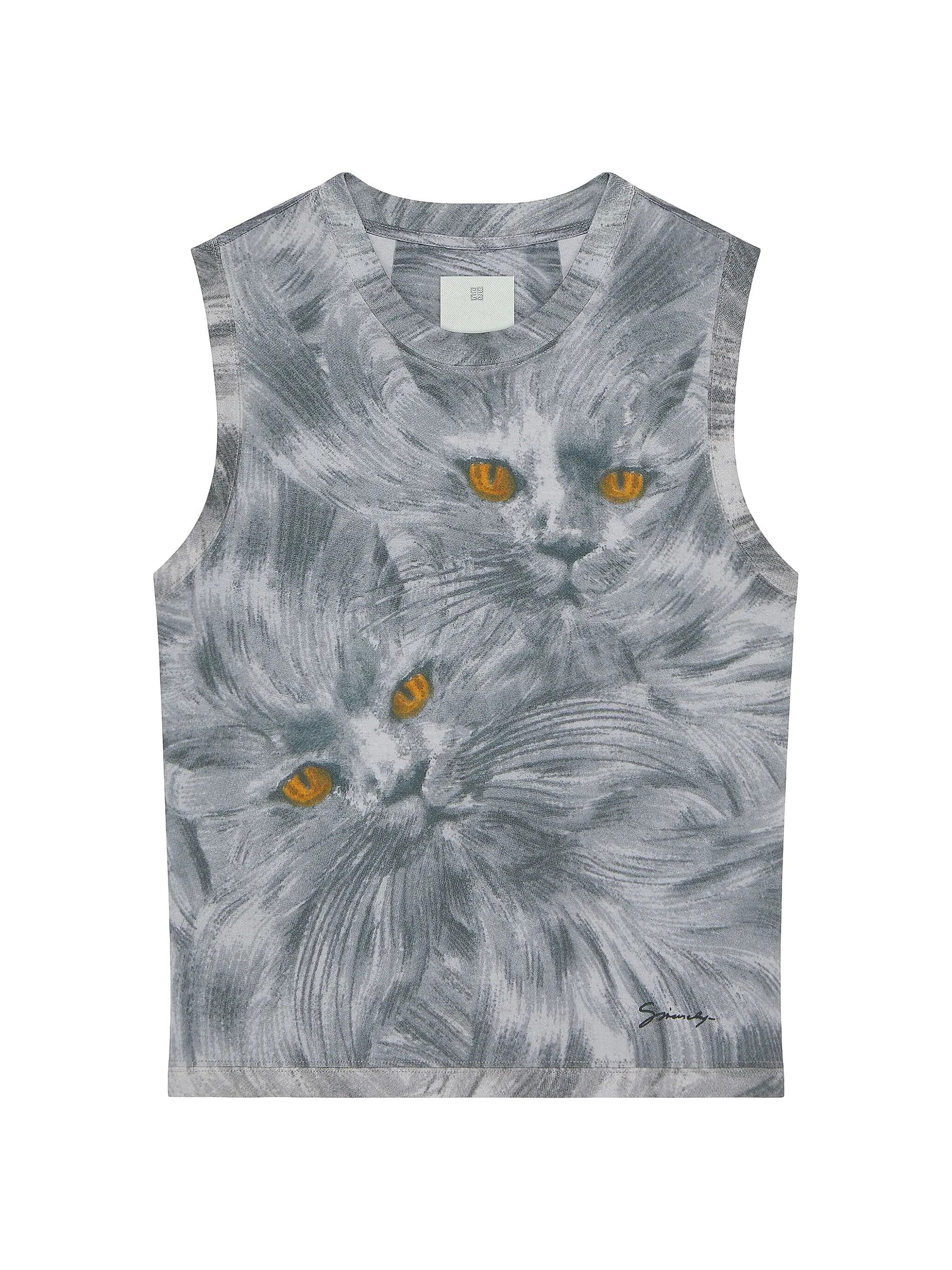 oc11z0725 Printed Cat Tank Top in Cotton in Multicolor