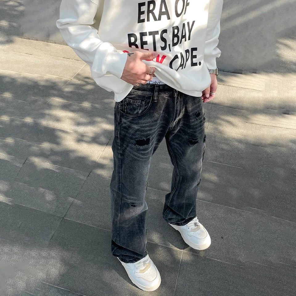 Denime × Japanese Brand Streetwear Ripped Jeans Men Autumn Black Flared Trousers Size US 27 - 5 Thumbnail
