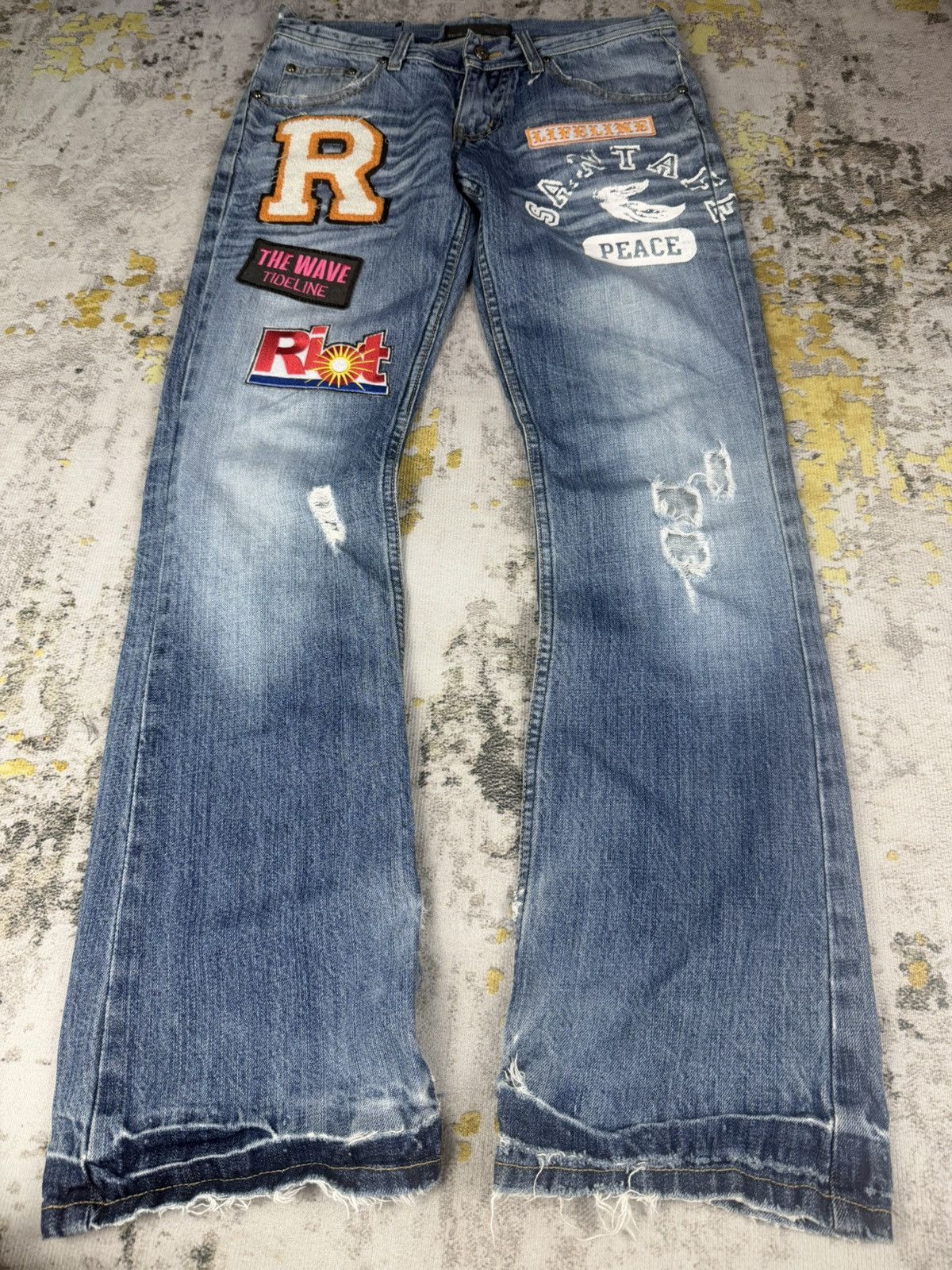 Tornado Mart 90s Flared Riot Poem Distressed Patches Pants Size US 31 - 1 Thumbnail