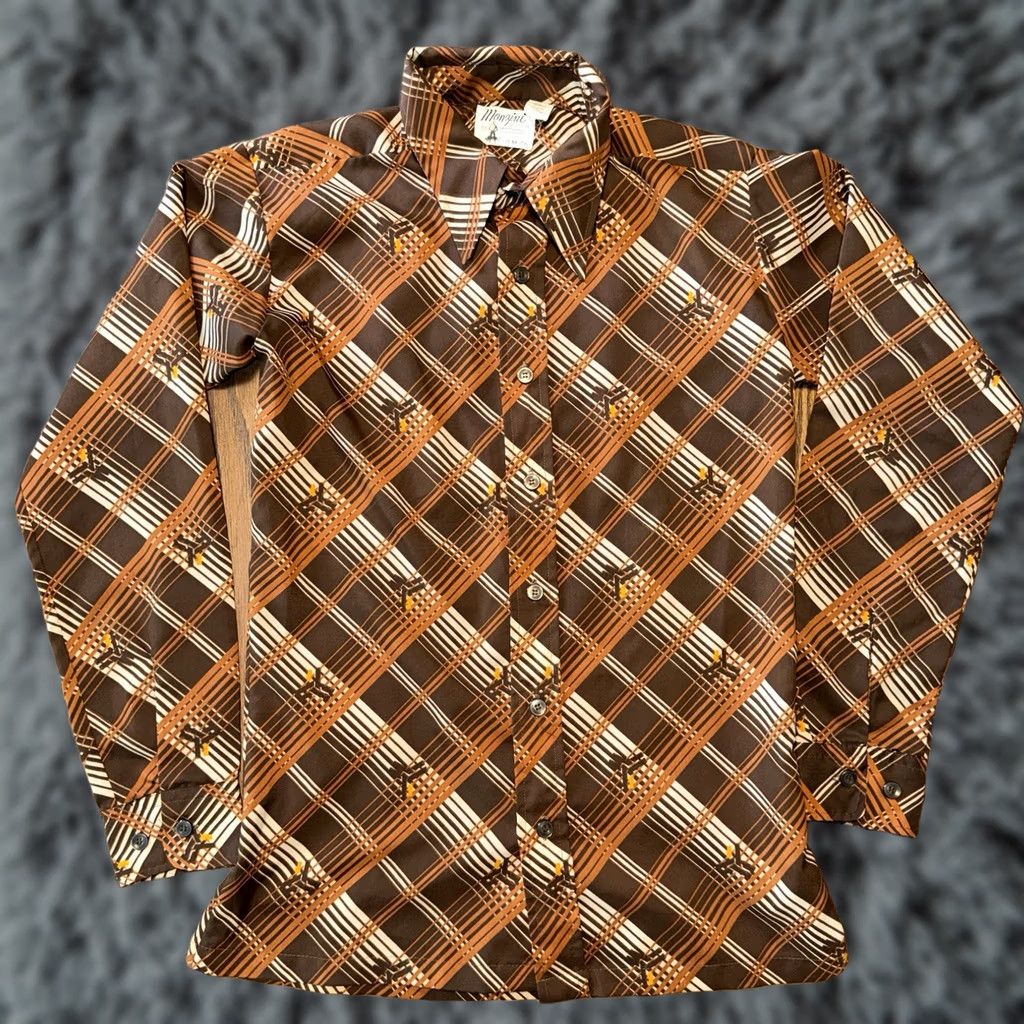 Vintage VINTAGE Monzini Collection Mens Medium Abstract Button Up Shirt Disco 70’s Shirt Button-Up Slim Long Sleeve Brown Polyester Woven Size US M / EU 48-50 / 2 - 1 Thumbnail