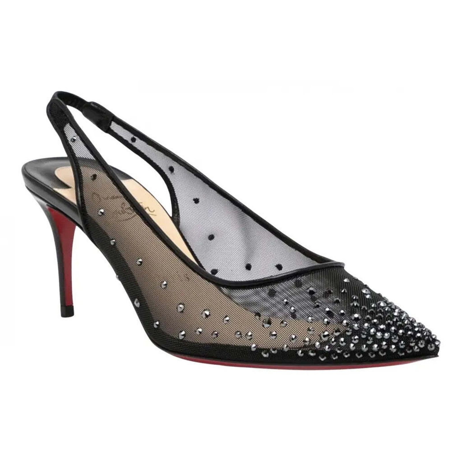 Christian Louboutin Follies Strass Sling 70 Black Leather Mesh Heel Pump 38 Size US 12 / IT 42 - 3 Thumbnail