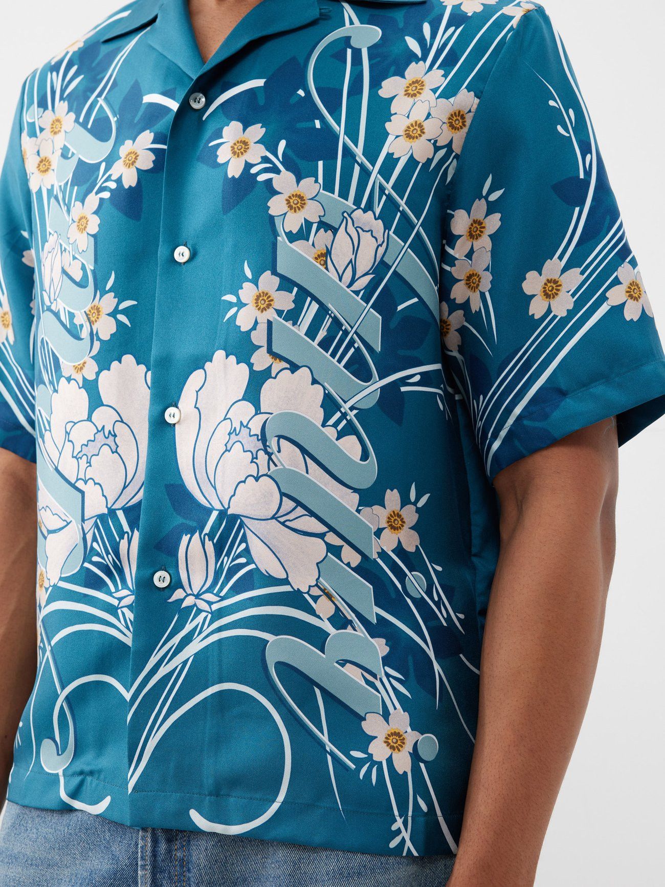 *2.2K VALUE* Blue floral-print silk bowling shirt