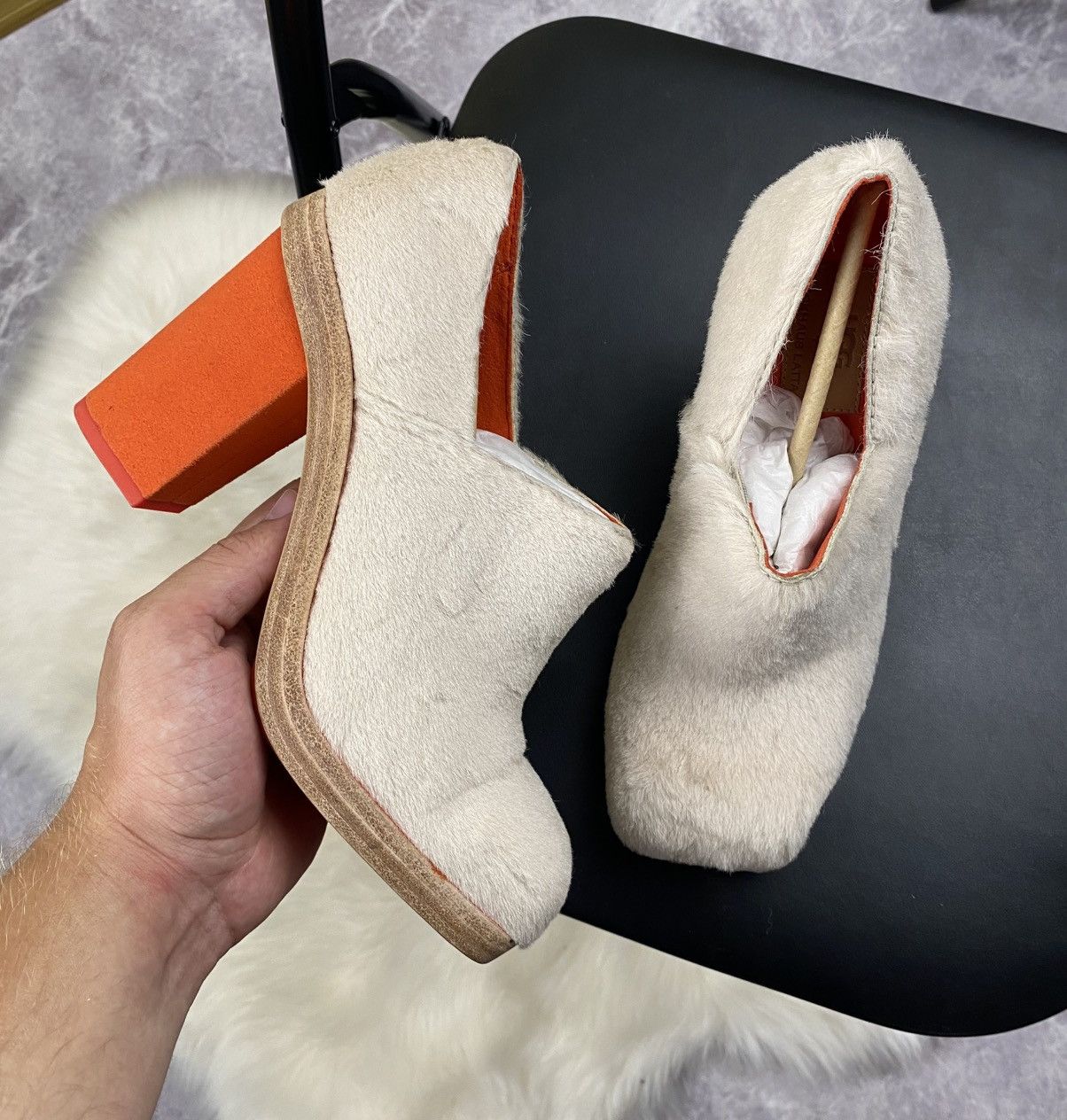 Eckhaus Latta Ugg x Eckhaus Latta Beige Fur Orange Cone Heels Mules Size US 7 / IT 37 - 1 Thumbnail