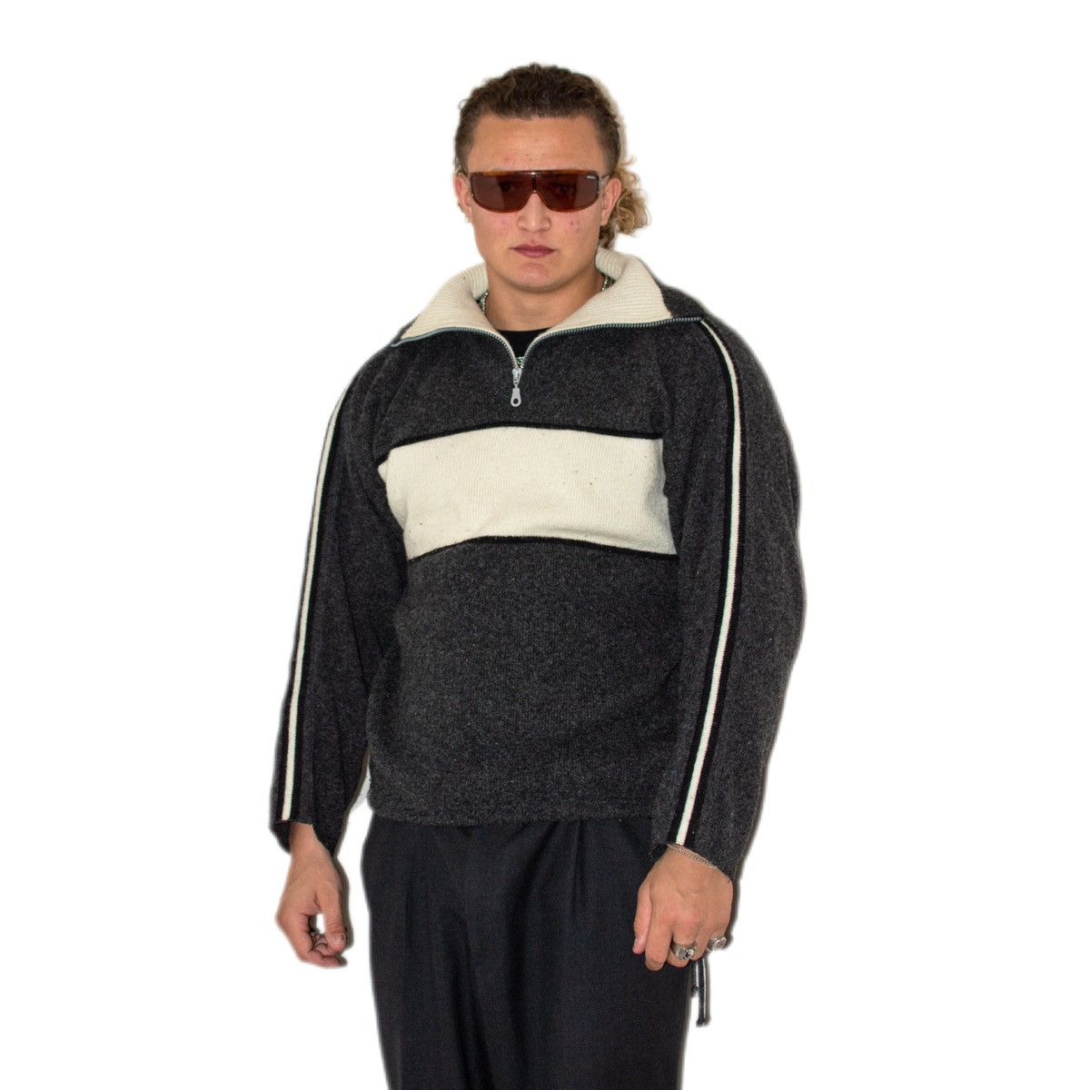 Designer × Vintage Vintage Cream/Grey faded chunky Knit 1/4 zip neck Fleece Size US M / EU 48-50 / 2 - 1 Thumbnail