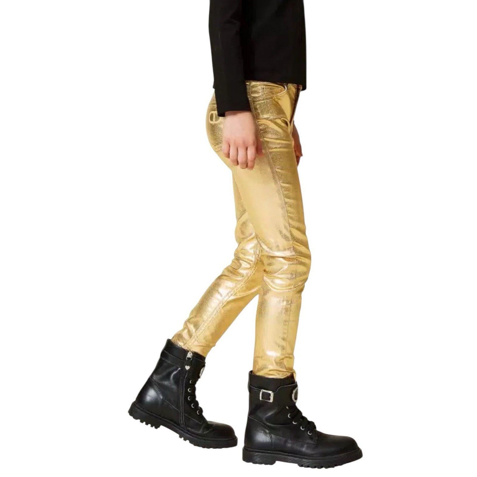 TWINSET Twinset NEW Gold Metallic Skinny Pants Size 27 Size 27" / US 4 / IT 40 - 2 Thumbnail