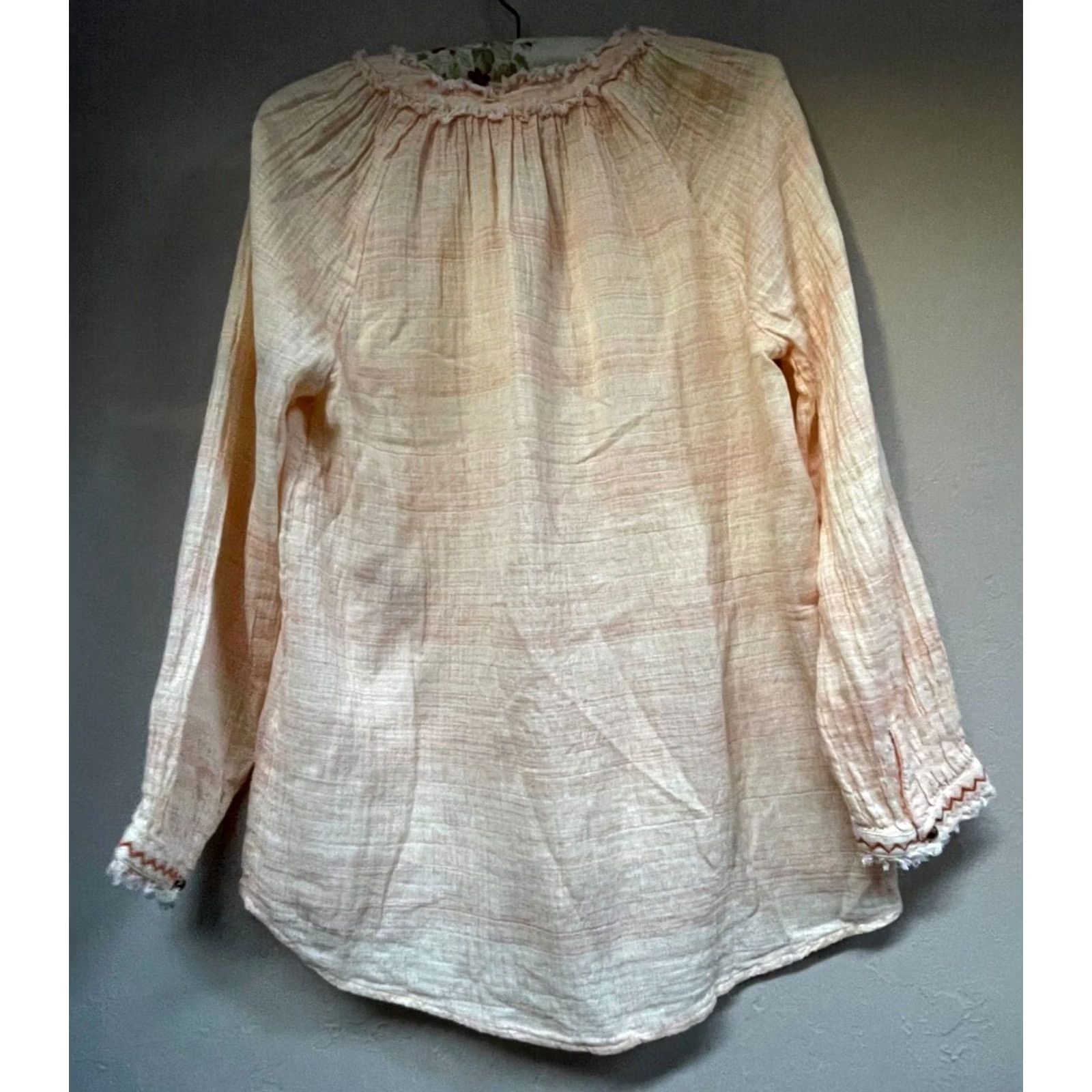 Vintage Sundance Gauze Embroidered Boho Frayed Long Sleeve Popover Blouse Medium Pink Women Size M / US 6-8 / IT 42-44 - 2 Thumbnail