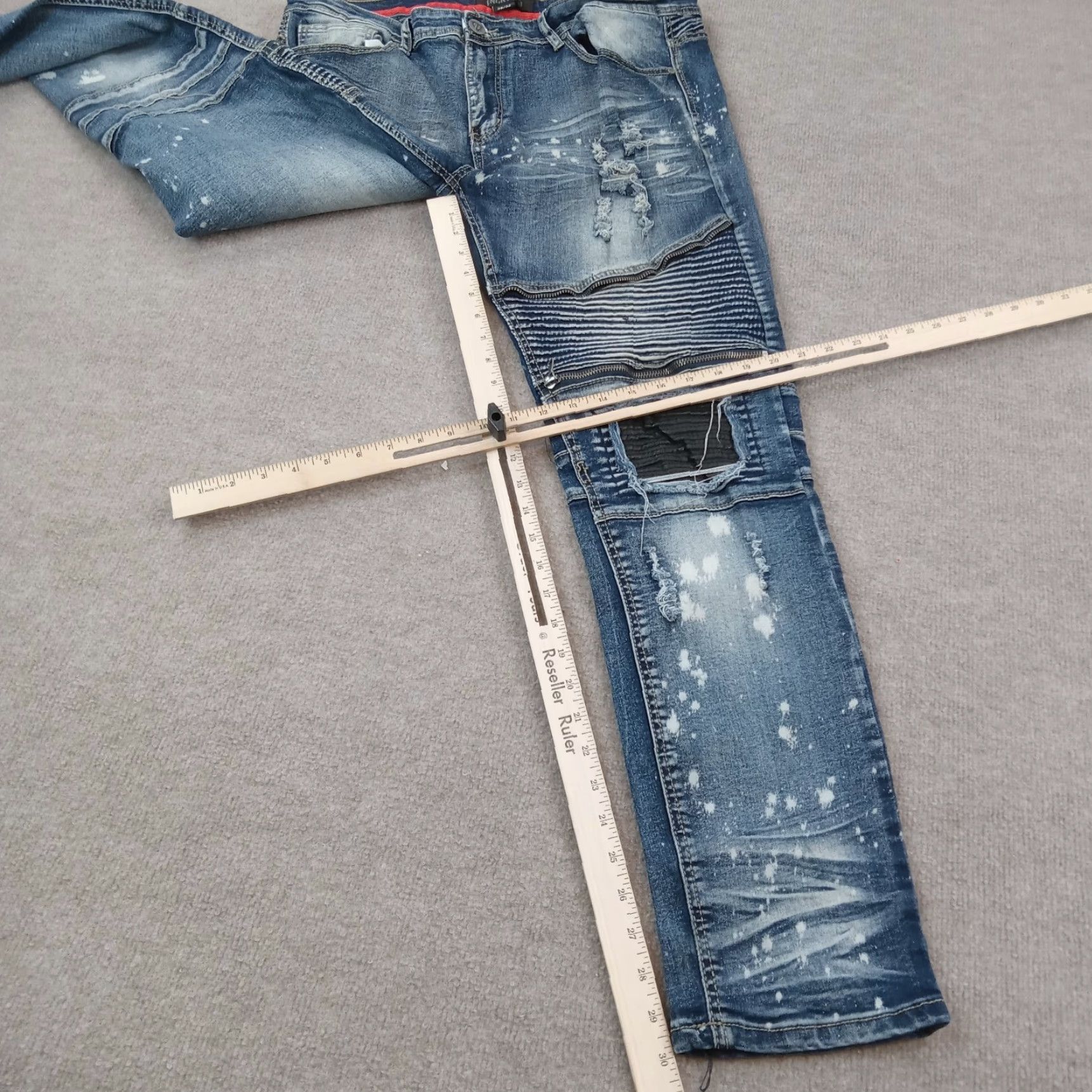 Vintage Encryptd Jeans Mens 36x30 Blue Moto Skinny Leg Paint Splatter Stretch Distressed Size US 36 / EU 52 - 2 Thumbnail