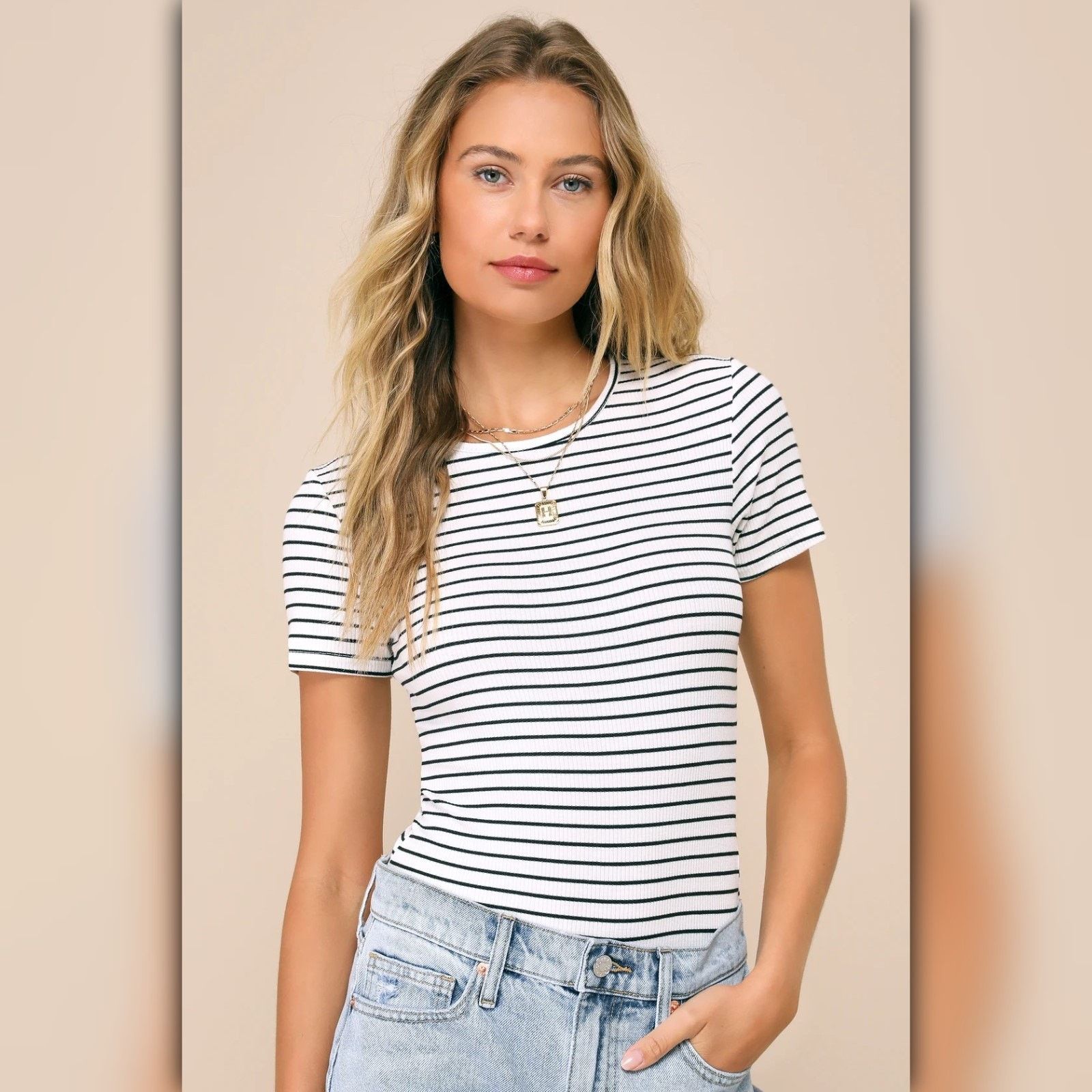 Other • A057 • (M) NWT Lulus Black & White Striped Ribbed Bodysuit Size M / US 6-8 / IT 42-44 - 2 Thumbnail