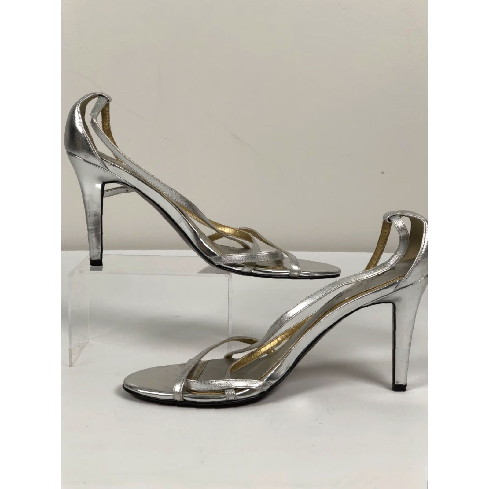 Ralph Lauren Ralph Lauren Womens 6.5 Silver Leather 3.5" Heels Stiletto Open Toe Buckle Dress Shoes Size M / US 6-8 / IT 42-44 - 4 Thumbnail