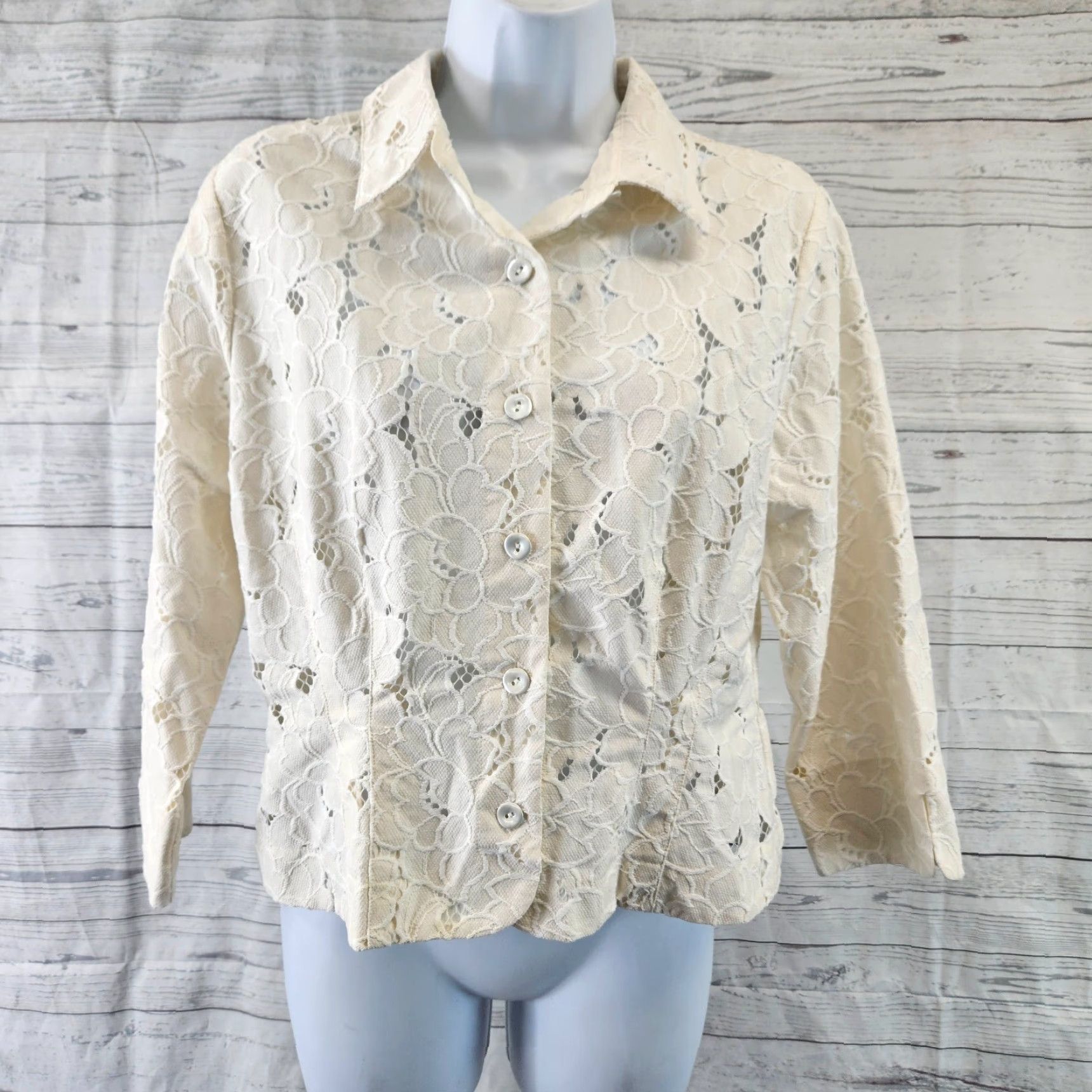 Vintage Cabi 5162 Womens Portrait Jacket Sz Medium Ivory Floral 3/4 Sleeve Button Front Size M / US 6-8 / IT 42-44 - 2 Thumbnail