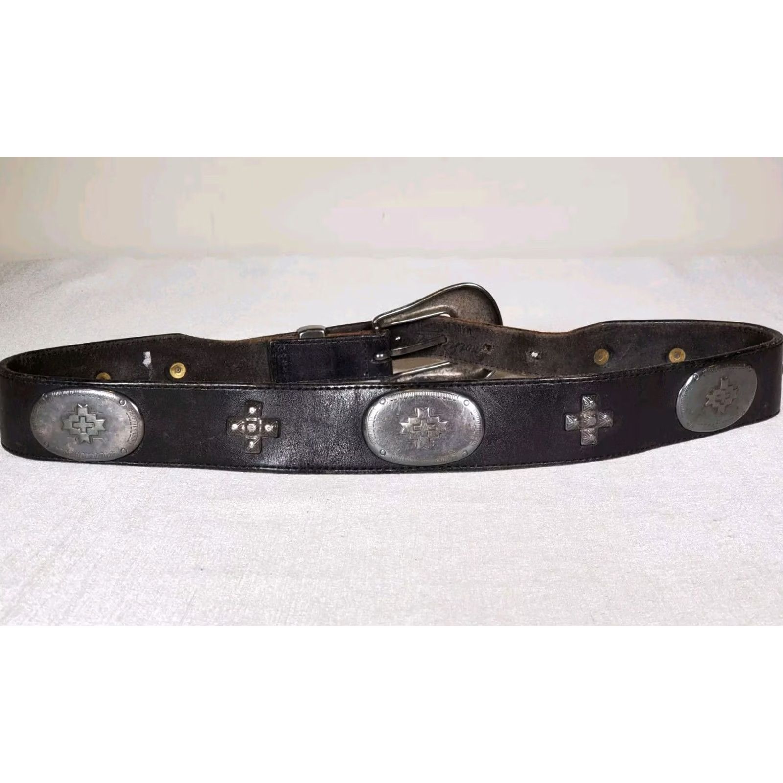 Vintage VINTAGE Another Line Inc Black Leather Western Waist Belt Metal Medallion Accents Cross Belt Women 36" Length Size ONE SIZE - 3 Thumbnail