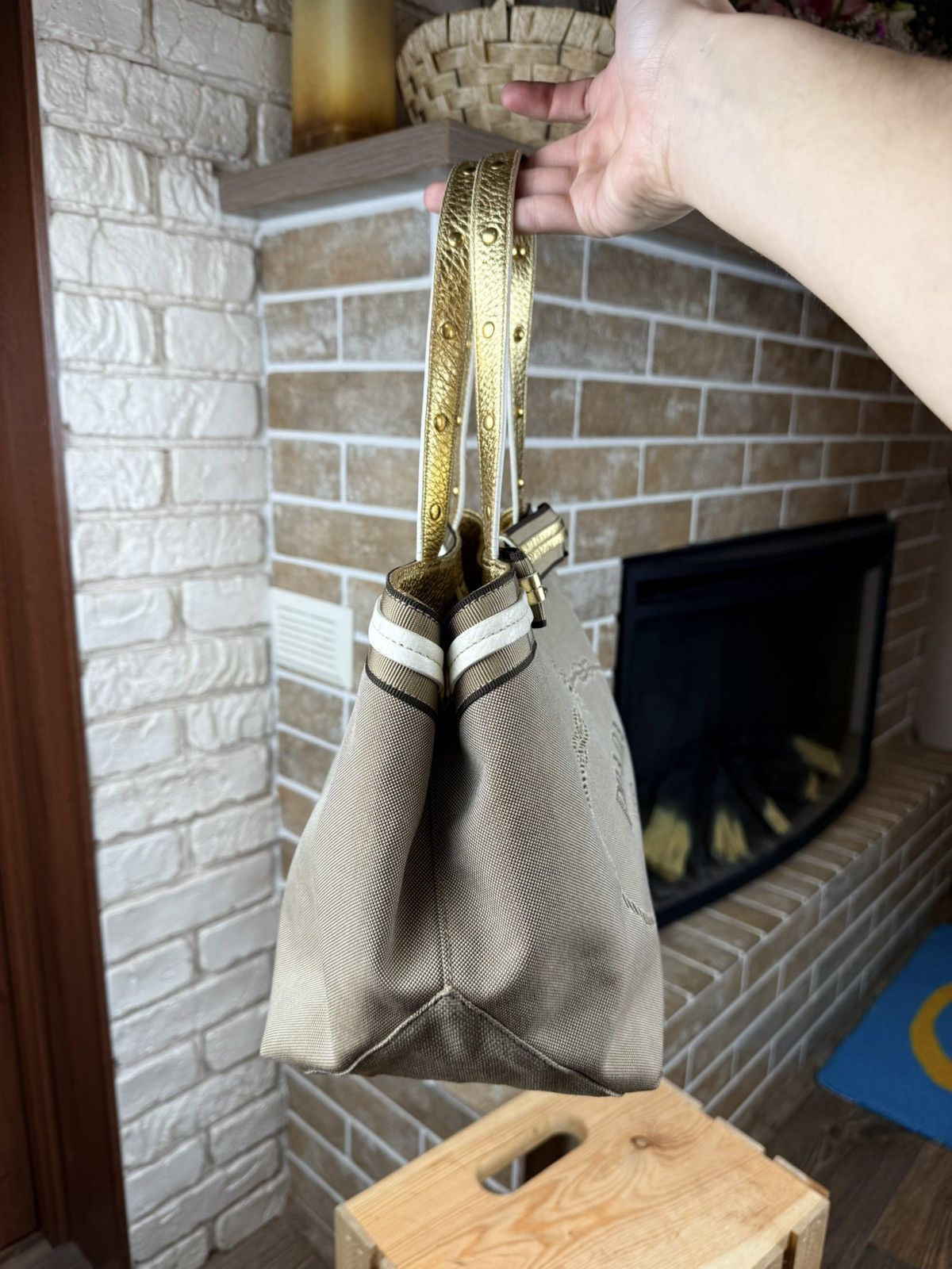 Prada Prada Brown Logo Jacquard Canvas Mettalic Gold Handle Bag Size ONE SIZE - 5 Thumbnail