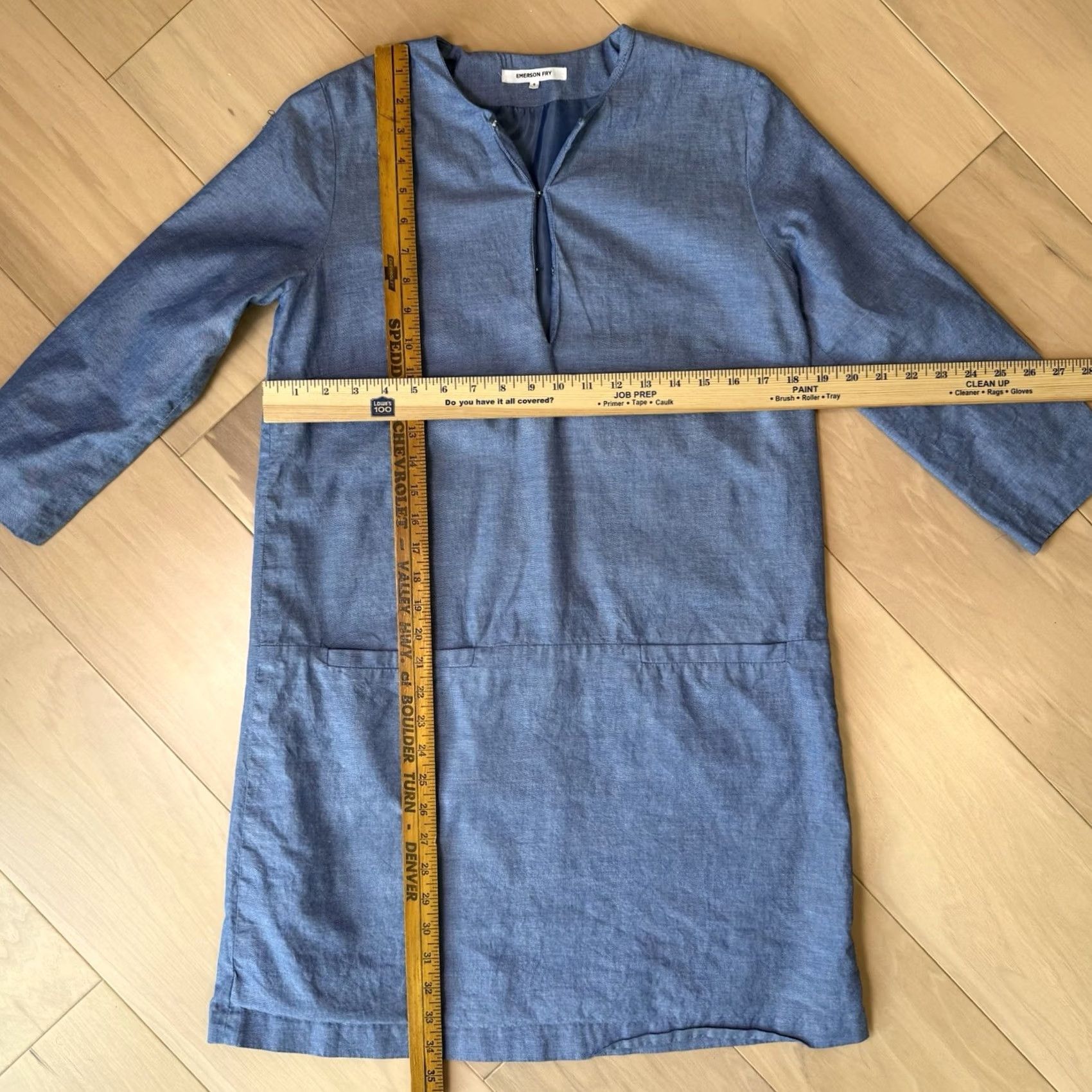 Vintage Emerson Fry Chambray Mod Dress Women's Small Blue V Neck 3/4 Sleeve Midi Casual White Logo - Mens? Size S / US 4 / IT 40 - 2 Thumbnail