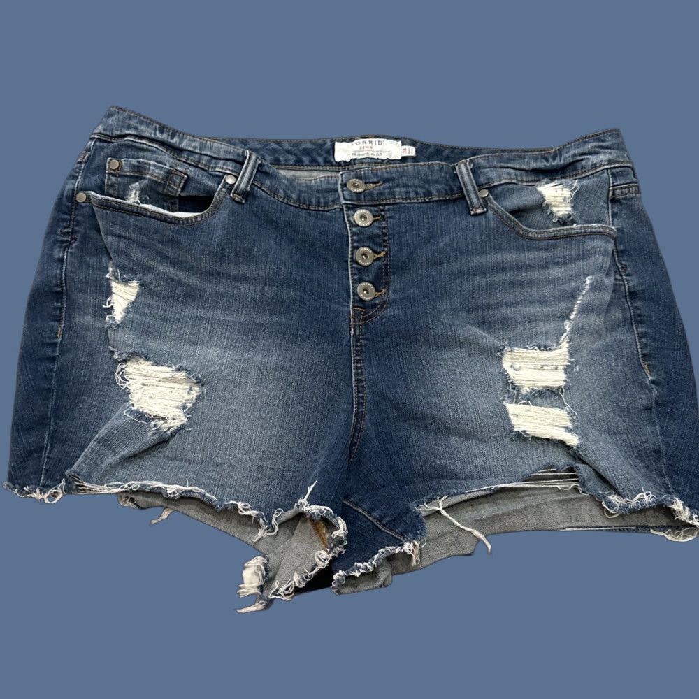 Torrid Torrid Blue Jean Shorts 24 Distressed Ripped Mid Raw Hem Button Fly Medium Wash Womens Size 42" / US 20 - 1 Thumbnail