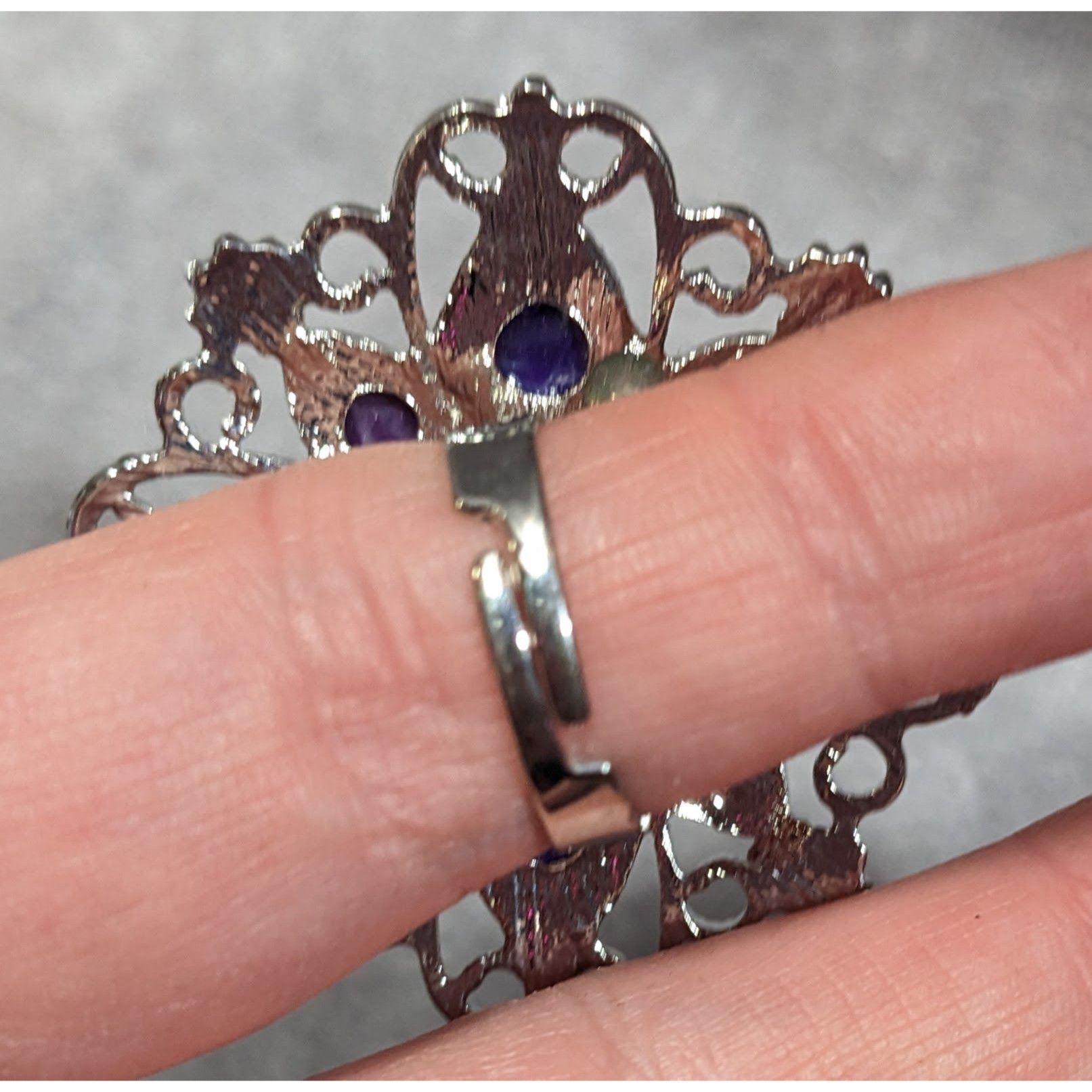 Other Fantasy Chunky Floral Silver Tone Ring With Purple Stones Ad Size ONE SIZE - 10 Thumbnail