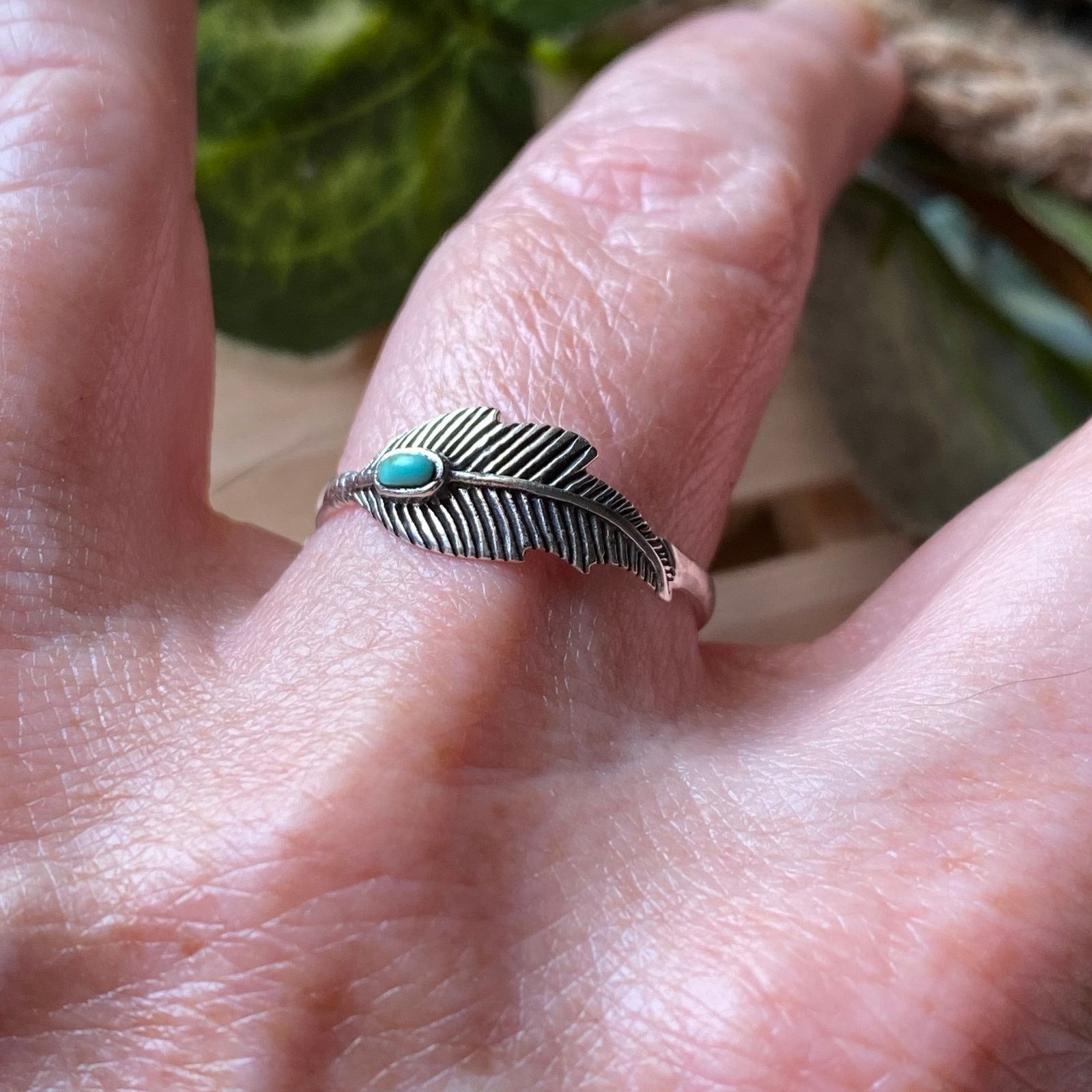 The Unbranded Brand Turquoise Sterling Silver Feather Ring Size 9 Size ONE SIZE - 6 Thumbnail