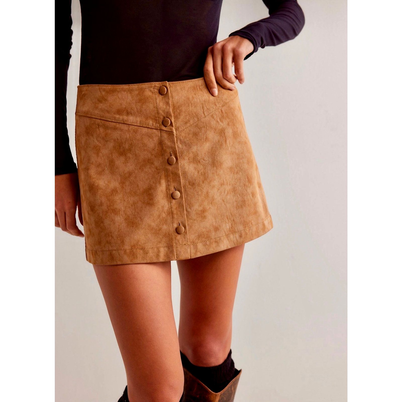 Free People Free People After Party Suede Mini Skirt Button Black 14 Size 33" - 6 Thumbnail