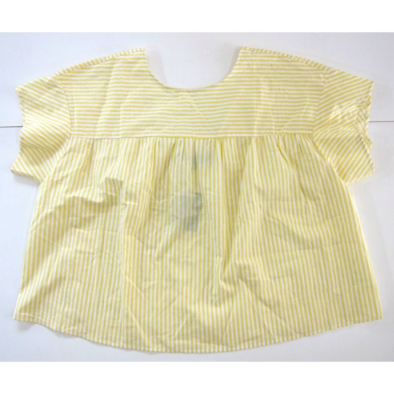 Vintage Eloquii Blouse NWT 100% Cotton Yellow White Stripe Boxy Tunic Lagenlook 18 Women Short Sleeve High Neck Shirt Womens Size XXL / US 16-18 / IT 52-54 - 2 Thumbnail