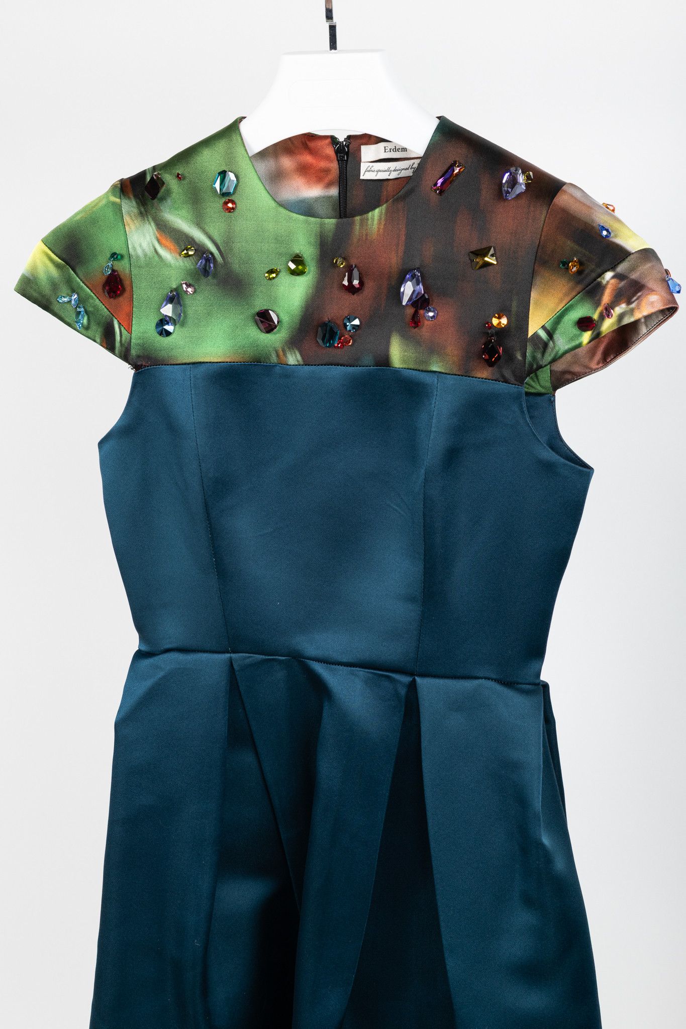 Erdem Erdem Teal Silk Satin Embellished-Yoke Pleated Dress Size S / US 4 / IT 40 - 3 Thumbnail