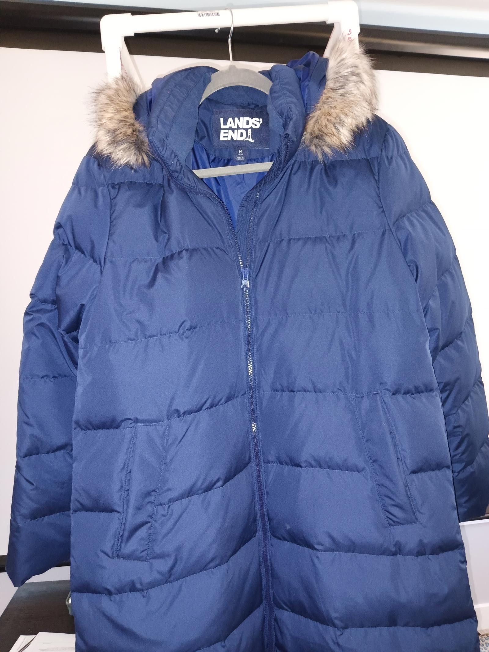 Lands' End Lands' End Women's Navy Blue Puffer Coat with Faux Fur Hood Size M / US 6-8 / IT 42-44 - 2 Thumbnail