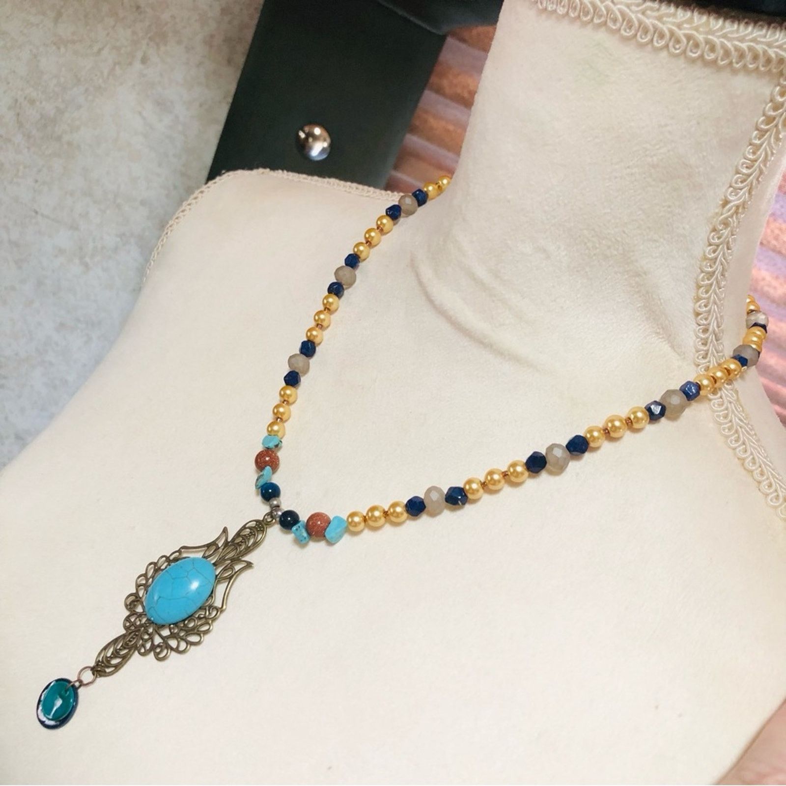 Handmade Handcrafted howlite filigree pendant beaded necklace Size ONE SIZE - 2 Thumbnail