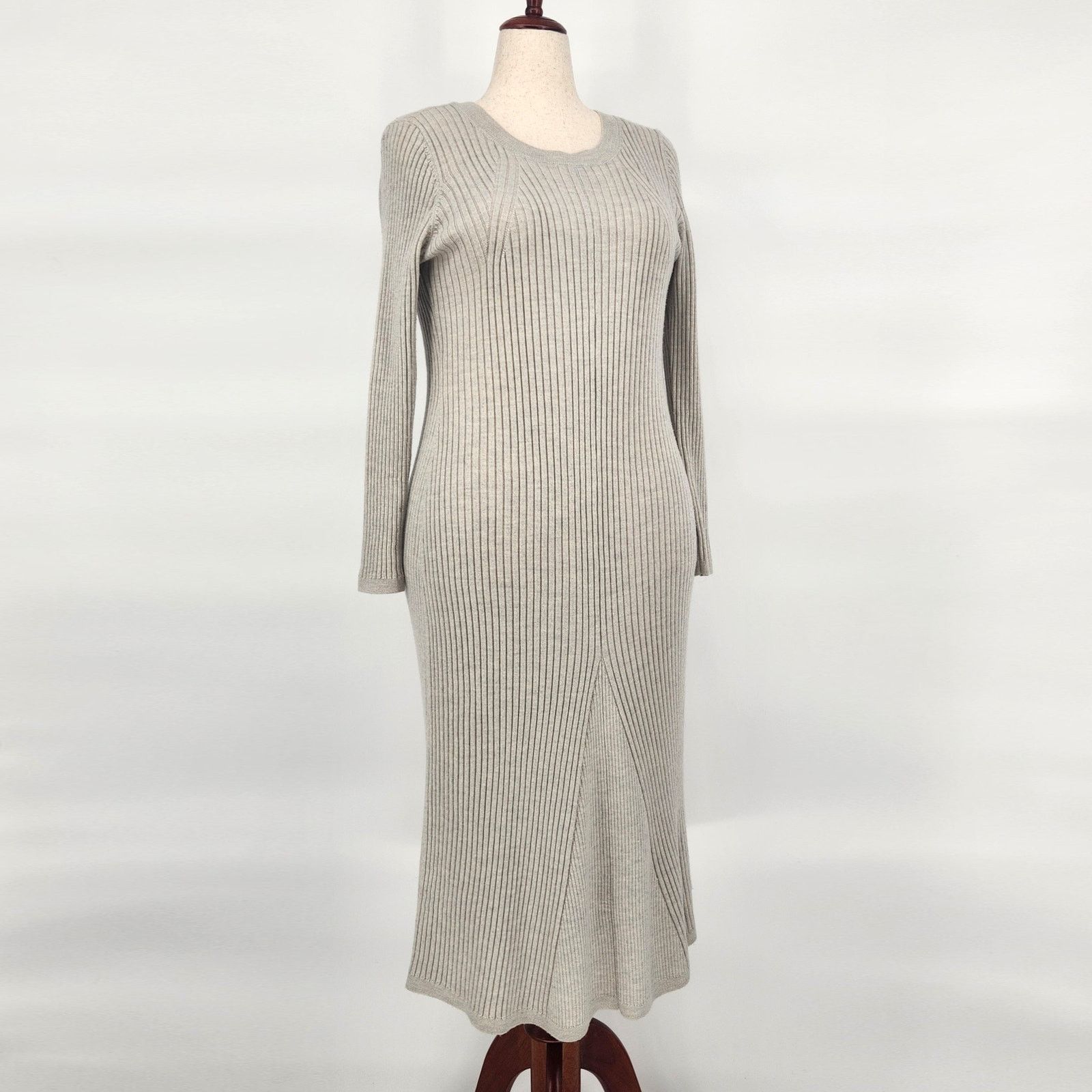 image of Club Monaco Knit Ribbed Wool Midi Casual Sweater Dress XL in Grey, Women's