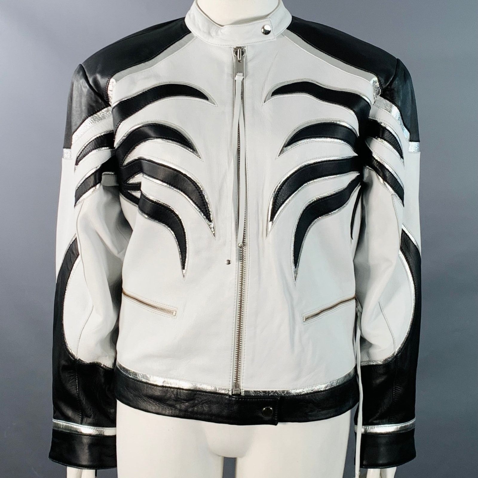 Retrofete L Black White Silver Leather Padded Shoulders Zip Up Jacket Size US L / EU 52-54 / 3 - 1 Thumbnail