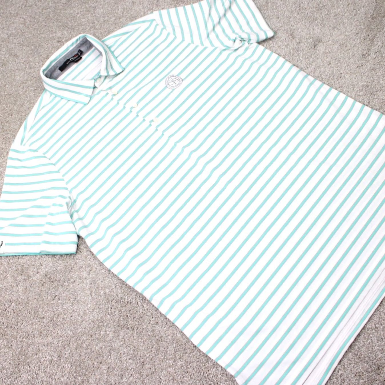 RLX Ralph Lauren RLX Ralph Lauren Polo Shirt Mens Large Green Striped Short Sleeve Polo Golf Polyester Blend Stretch Pullover Shirt Size US L / EU 52-54 / 3 - 7 Thumbnail
